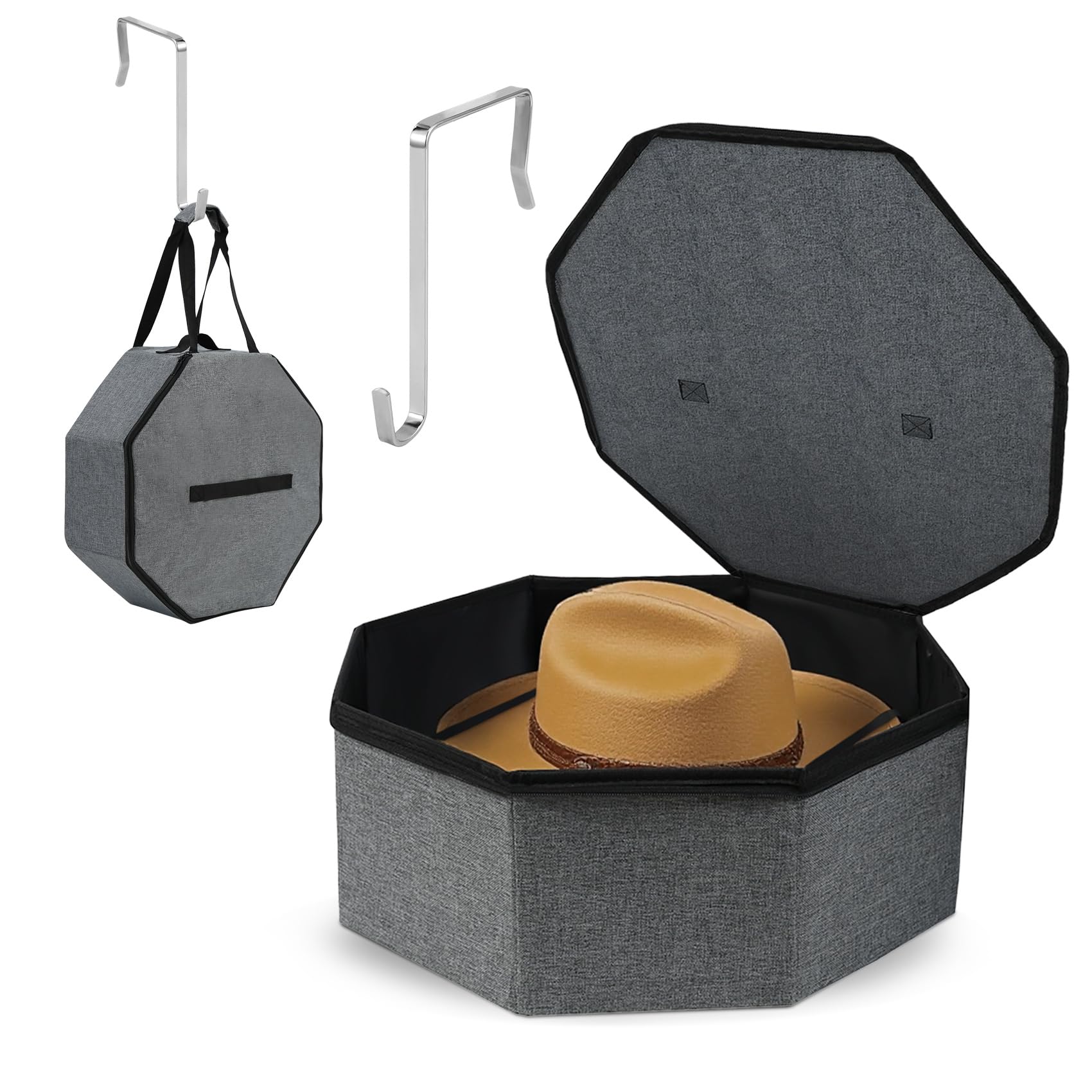 Scatole per cappelli con coperchio, custodia pieghevole per cappelli da baseball con manici e tracolla, scatola rotonda per cappelli con gancio, scatole organizer per cappelli da cowboy