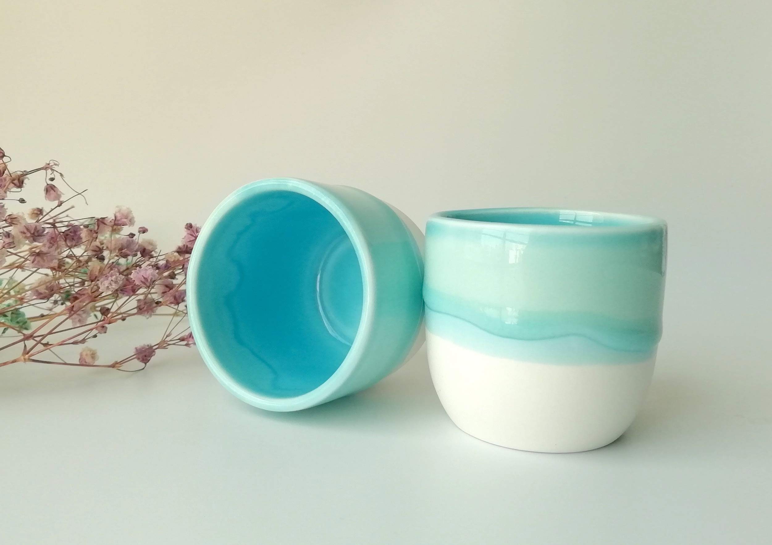 2.5 Ounce Ceramic Espresso Cups,Mini Tea Cup,Handmade Pottery Coffee Mug Set of 2 with Turquoise Color (Gift Box Package)
