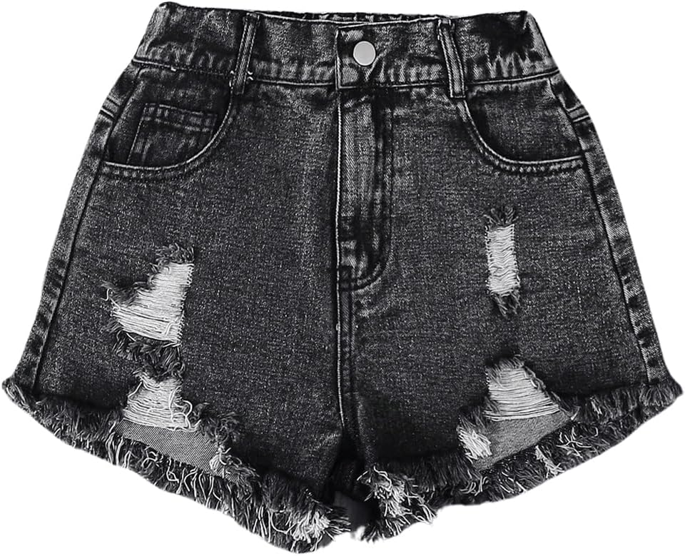 Girl's Ripped Raw Hem Straight Leg Jean Shorts Elastic Waist Zipper Fly Denim Shorts
