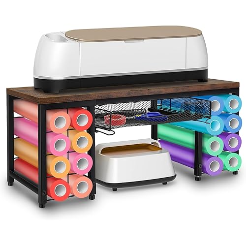 Craft Organizers and Storage with Cricut Machines, Cricut Organizer Stand with 16 Vinyl Roll Holders, Cricut Table Storage for Craft Room