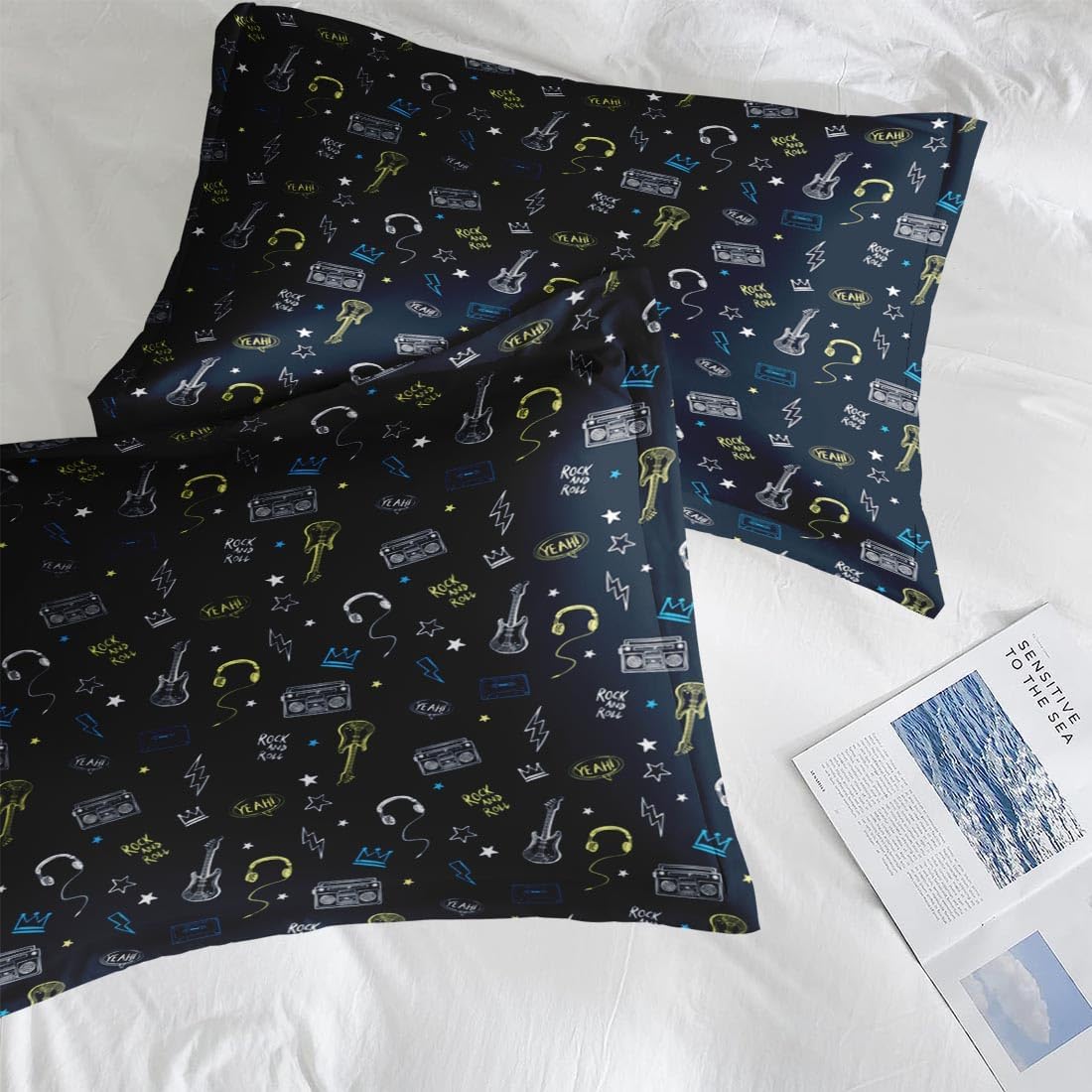 Pamnest Queen Size Bed Sheet Sets, Rock Roll Guitar Retro Microfiber 4 Pcs Bedding Sets for Kids and Adults Bedroom Bed Decor, Vintage Musical Flat Sheet, Fitted Sheet and 2 Pillowcases