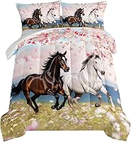 Vista 18 de HOSIMA Juego de ropa de cama para niñas con temática de caballos, juego de edredón estampado de flores de cerezo rosa con 2 fundas de almohada
