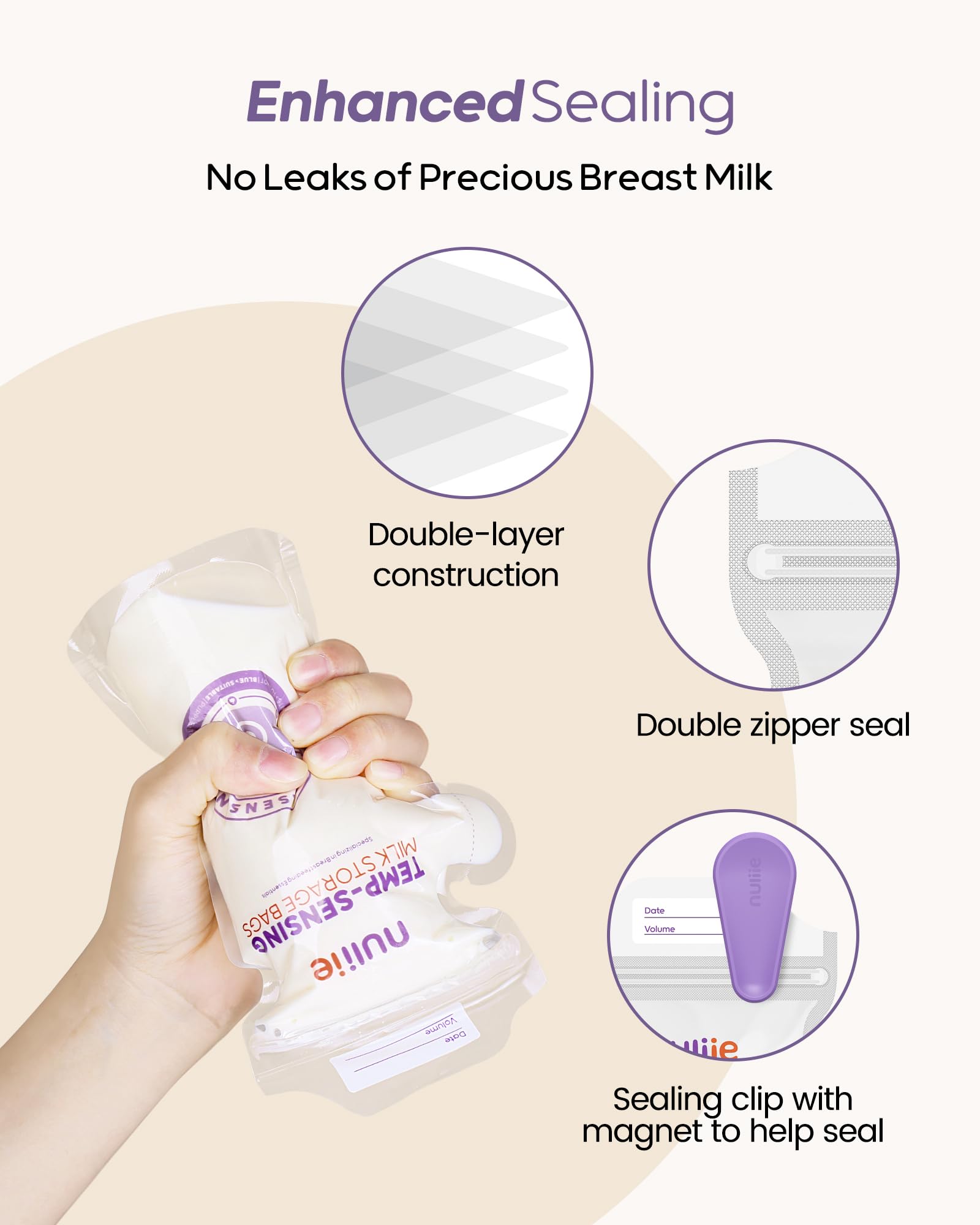 Nuliie 60pcs Temp-Sensing Breastmilk Storage Bag, Huge Temp-Sensing Icon & Locking Clamp, 6oz Breast Milk Storage Bags Freezer Pour Spout, Self Standing Milk Storage Bags Breastmilk, BPA-Free No-Leak