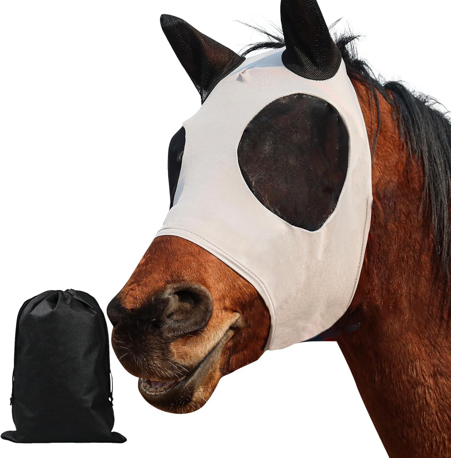 Fly Masks for Horses with Ears UV Protection, Elasticity Horse Fly Mask with Big Mesh Eye Covers – Breathable Comfort Fit Riding & Competition Grey Large