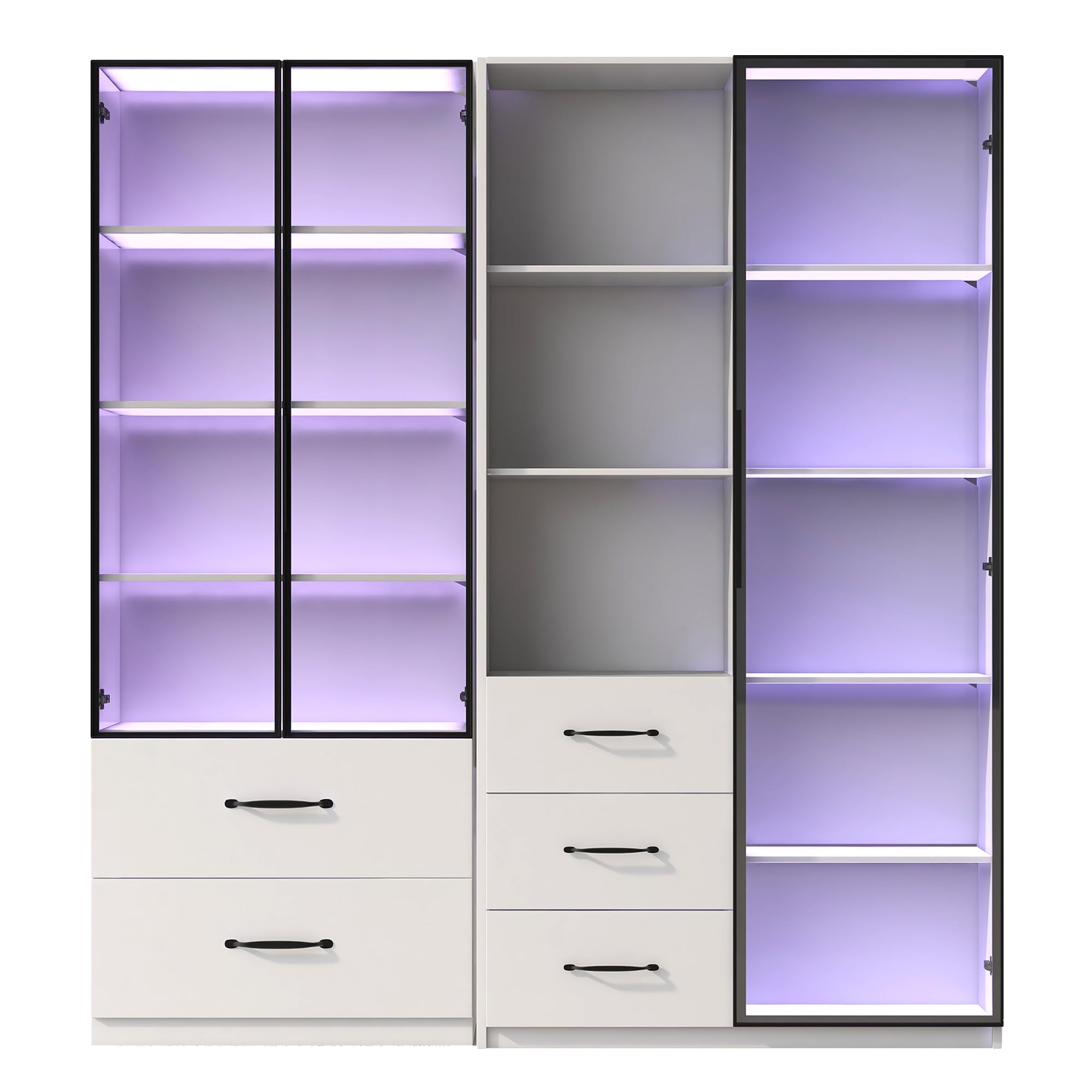 Vetrina in vetro 140 x 40 x 160 cm, armadio alto, libreria e armadio multifunzione con scomparti in vetro e aperti, cerniere a chiusura delicata, vetrina LED multicolore