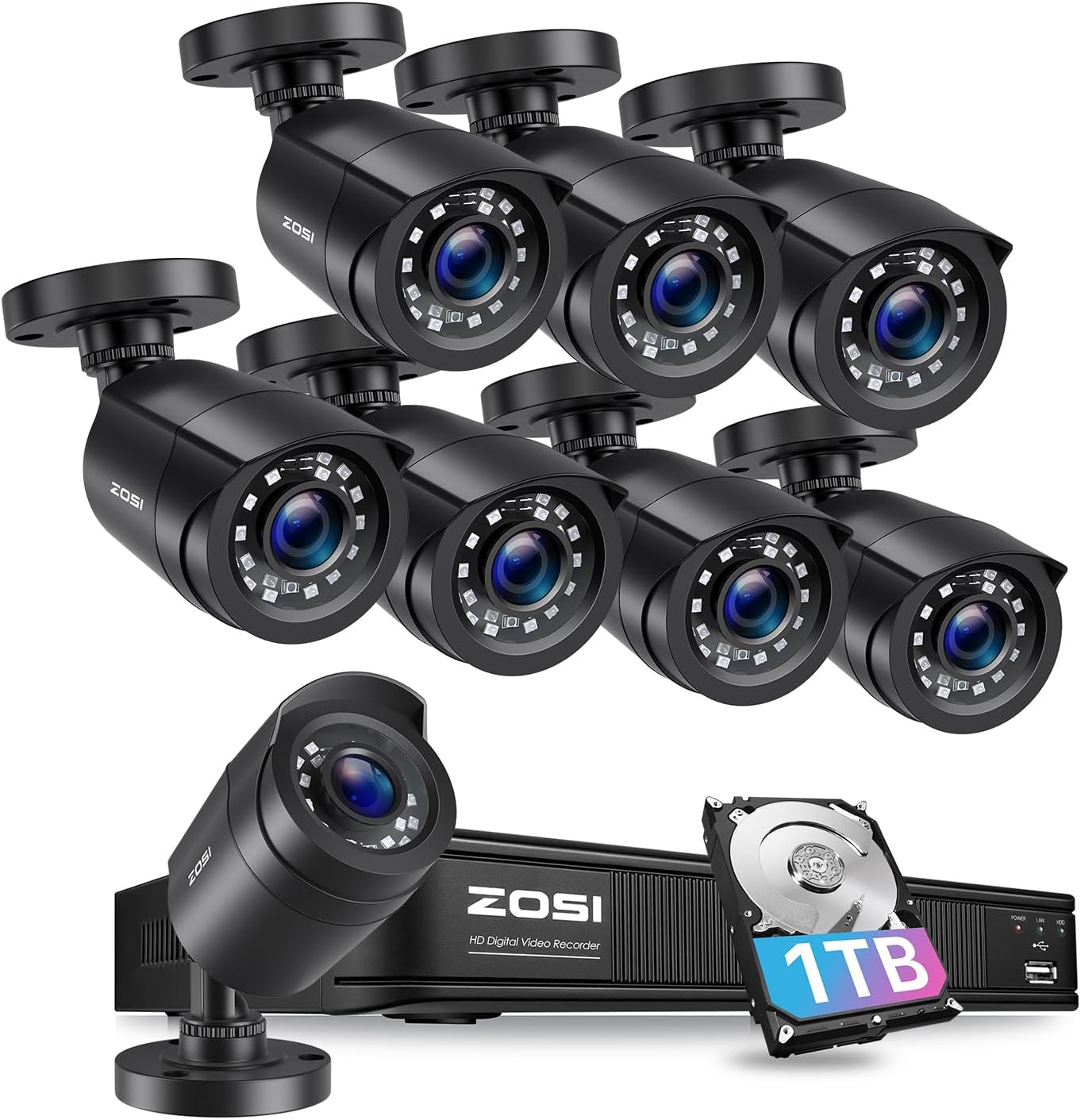 ZOSI H.265+1080p Home Security Camera System Outdoor, 5MP Lite 8 Channel CCTV DVR Recorder with Hard Drive 1TB and 8 x 1080p Surveillance Bullet Camera with 80ft Night Vision, Motion Detection