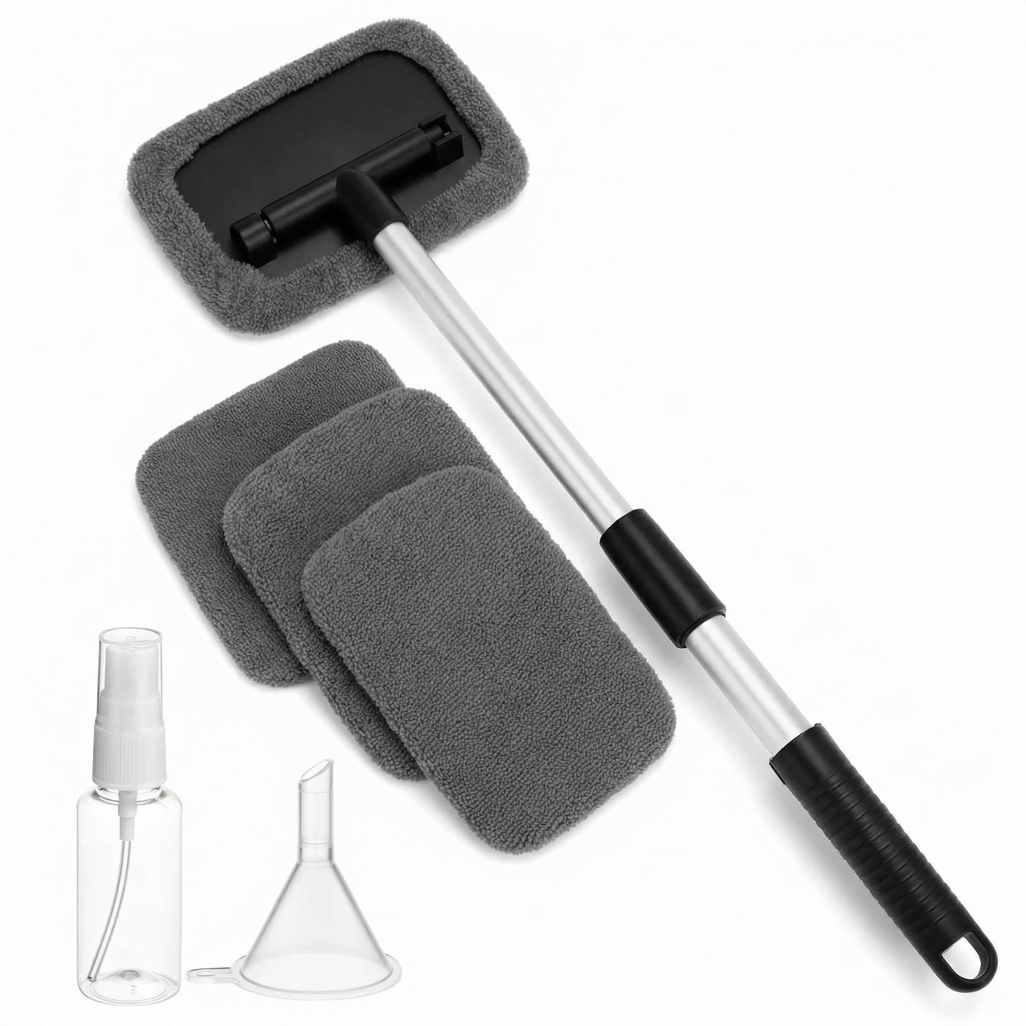 QWORK® Car Windscreen Cleaner, Extendable Car Window Cleaner Tool, Rectangle Shaped Plate, 180 Swiveled Handle, Includes 4pcs Washable Pads