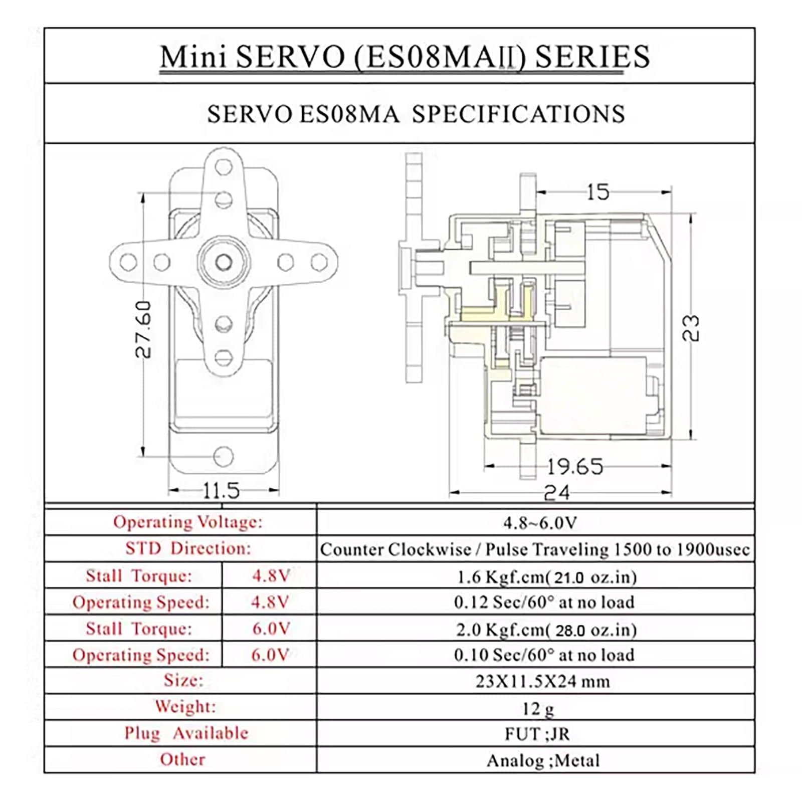 ES08MA II Metal Gear Micro Servo 2.0kg.cm Alto Torque RC Mini Servo Rotación 145° para drones/Modelos RC, 12g Diseño Ligero (4 piezas)