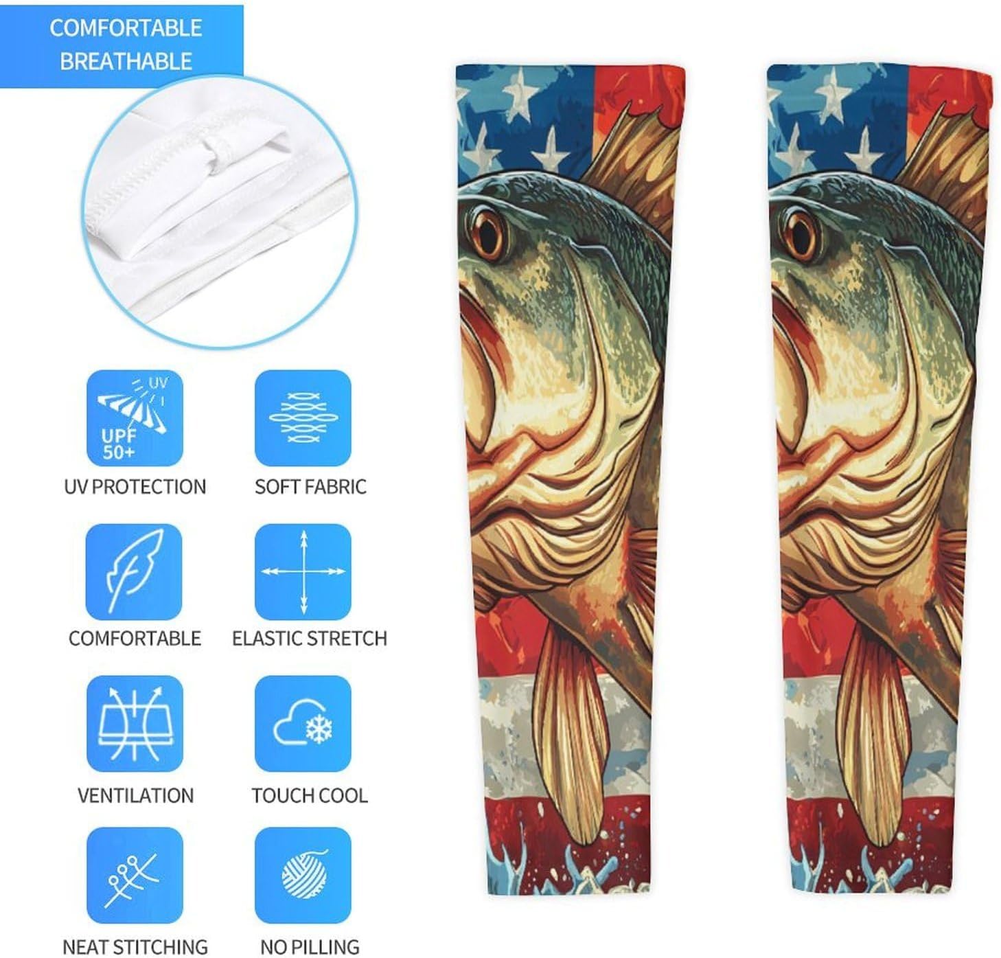 USA United States Bass Fish Arm Sleeves Sun Protection Sleeves Sports Cooling Arm Compression Sleeve for Men Women