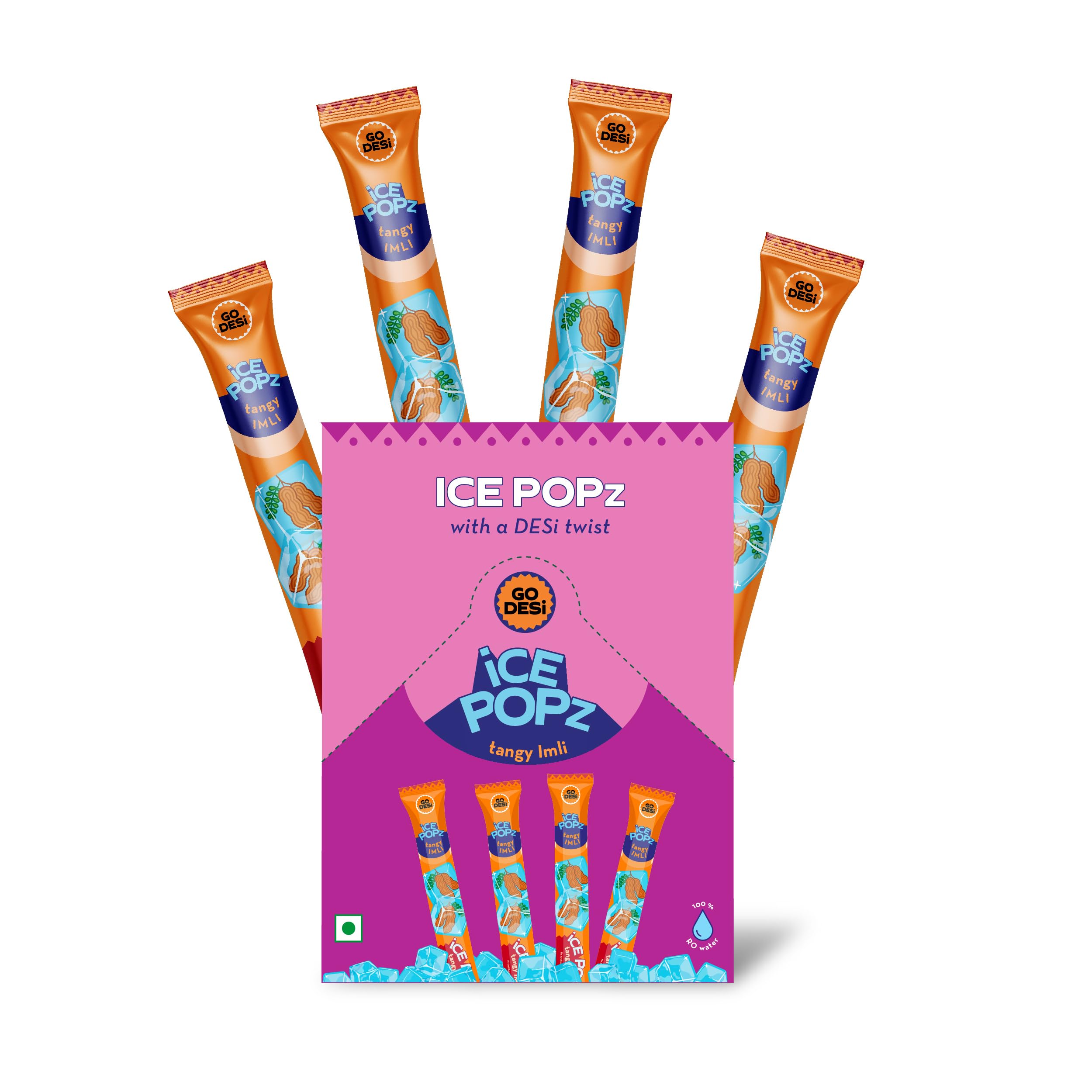 GO DESi Ice Popz, Tangy Imli, Pack of 24 x 35 ml each, Fruit Ice Popsicles, Ice Pops
