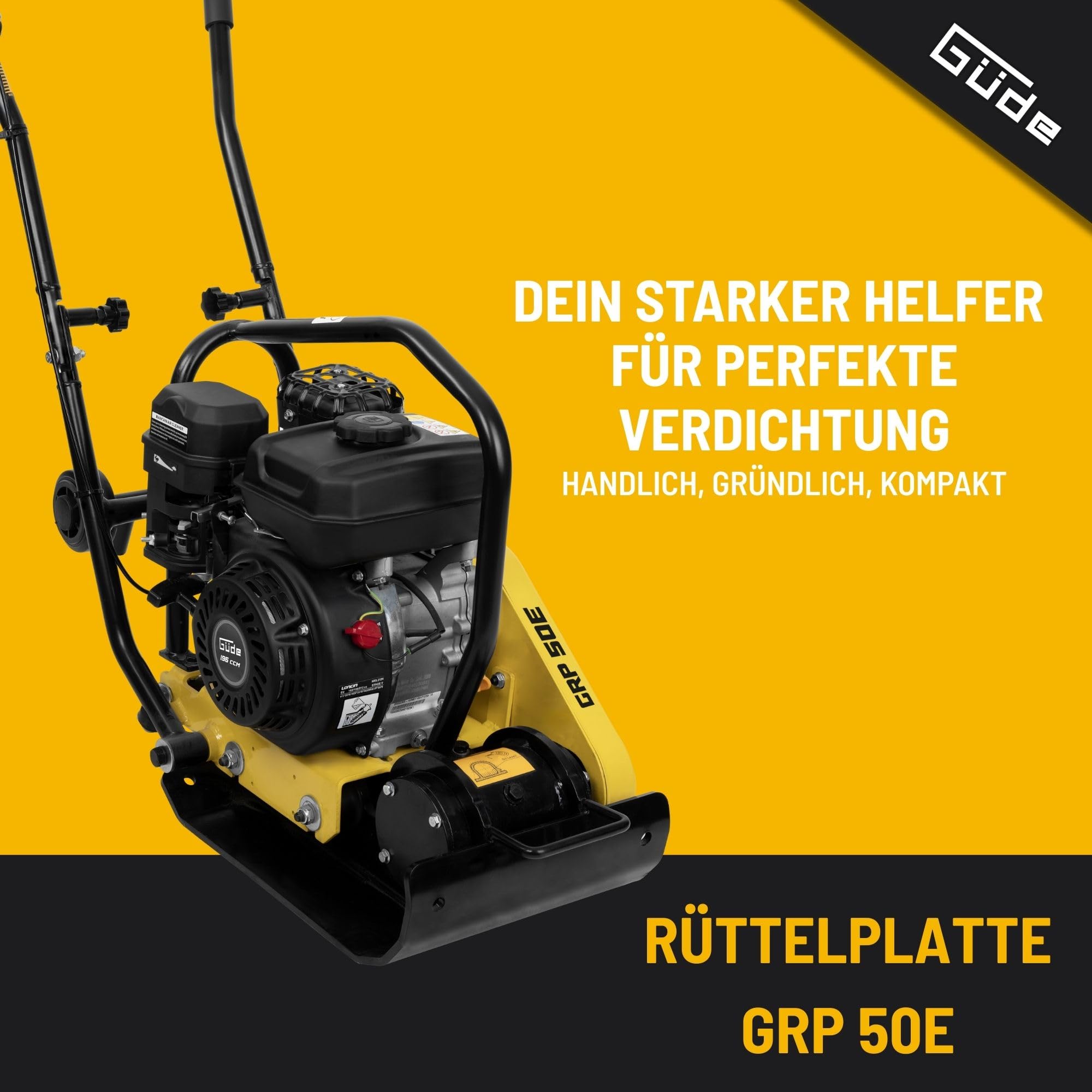 Güde GRP 50E Rüttelplatte - 4-Takt-Motor, 196 Kubikzentimeter Hubraum, 4,1 Kilowatt, 5,5 PS, 43 x 30 Zentimeter Arbeitsplatte, 8,5 kN Verdichtungsdruck, 20 m/min Vorlauf, Polyurethanmatte, Fahrwerk