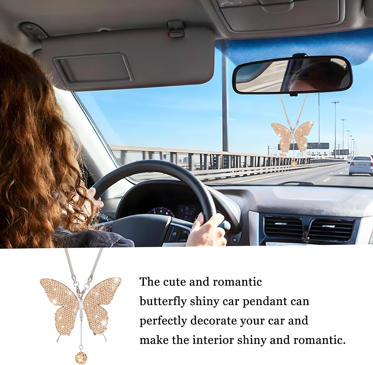 Bling Butterfly Car Rear View Mirror Charms, Crystal Rhinestone Vehicle Rearview Mirror Pendant, Diamond Automotive Interior Decoration for Women Girls, Universal Fit (Peach Pink) image 3