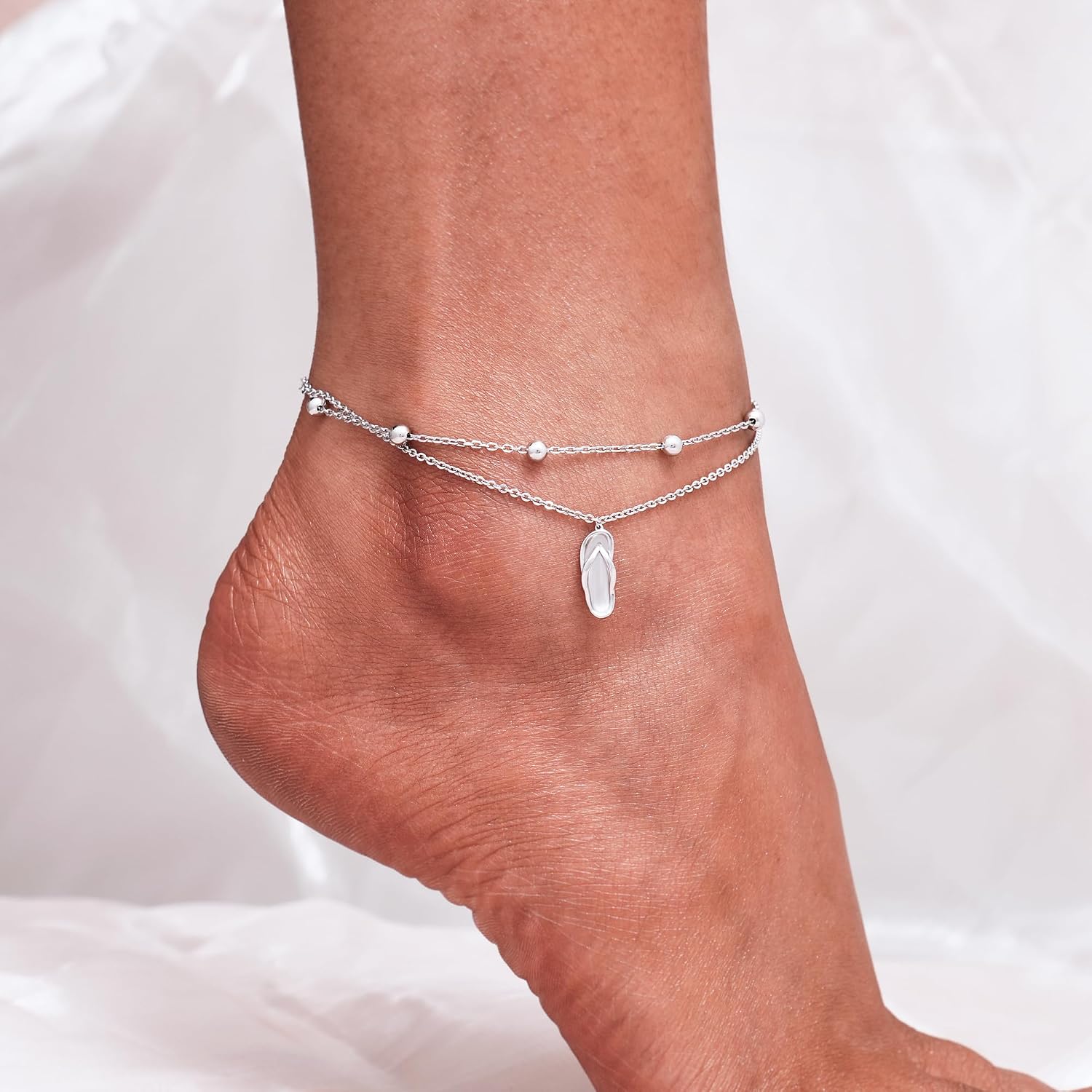 CHIC & ARTSY 925 Sterling Silver Ankle Bracelets for Women, Adjustable Layered Foot Chains with Nature & Symbol Charms, Lightweight Comfort Fit Boho Beach Everyday Jewelry