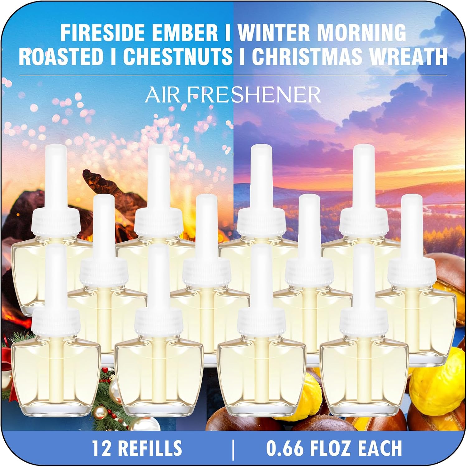 Plug In Refills Air Freshener, Summer Scents with Fireside Ember, Winter Morning, Roasted Chestnuts, Christmas Wreath - 12 Count, 7.92 Fl Oz - Compatible with Air Wick & Glade