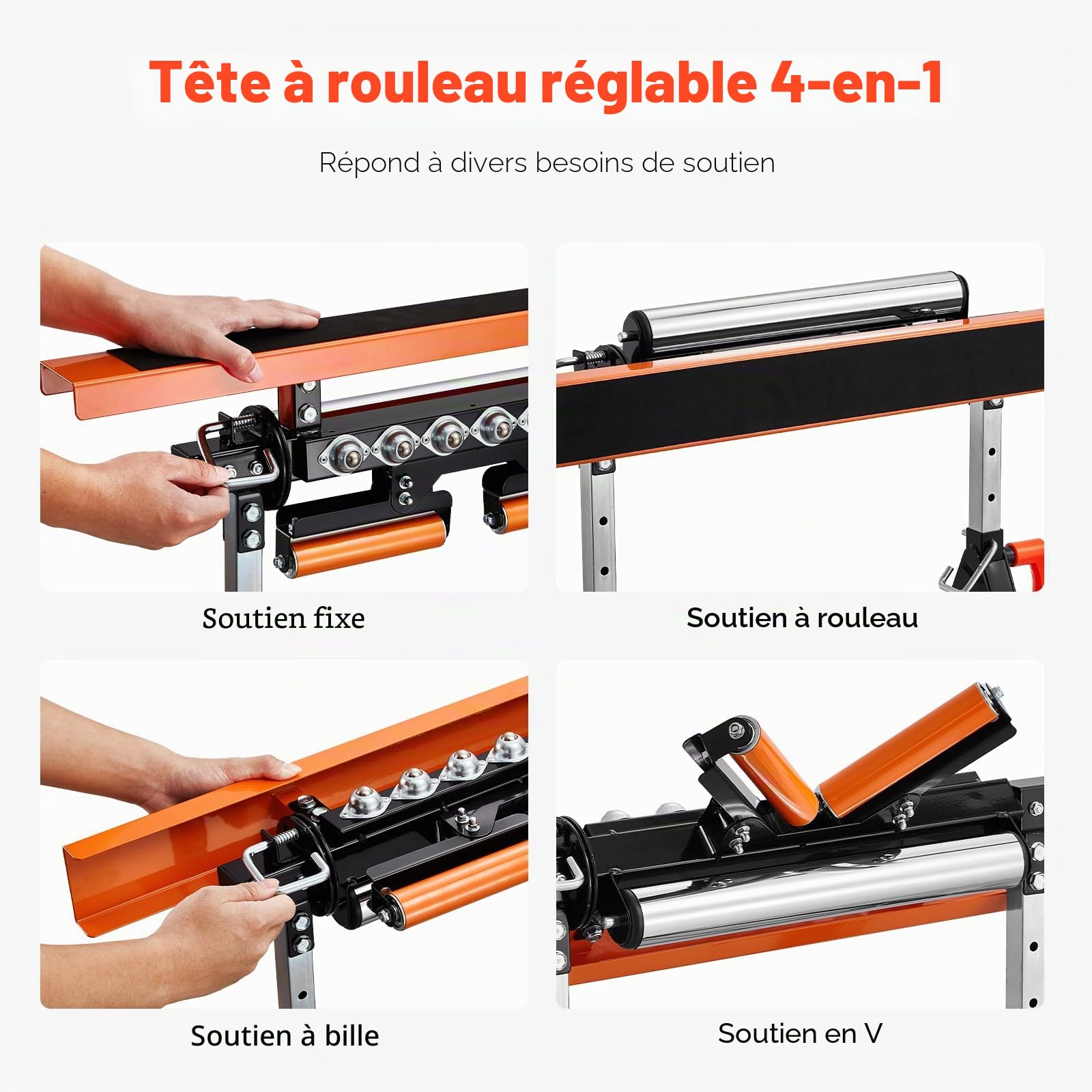 VEVOR Support 4 en 1 pour rouleaux 200 kg, trépied à roues réglable en hauteur de 84–127 cm, trépied de travail avec vis à billes et roue multidirectionnelle polie, pour sortie de scie circulaire
