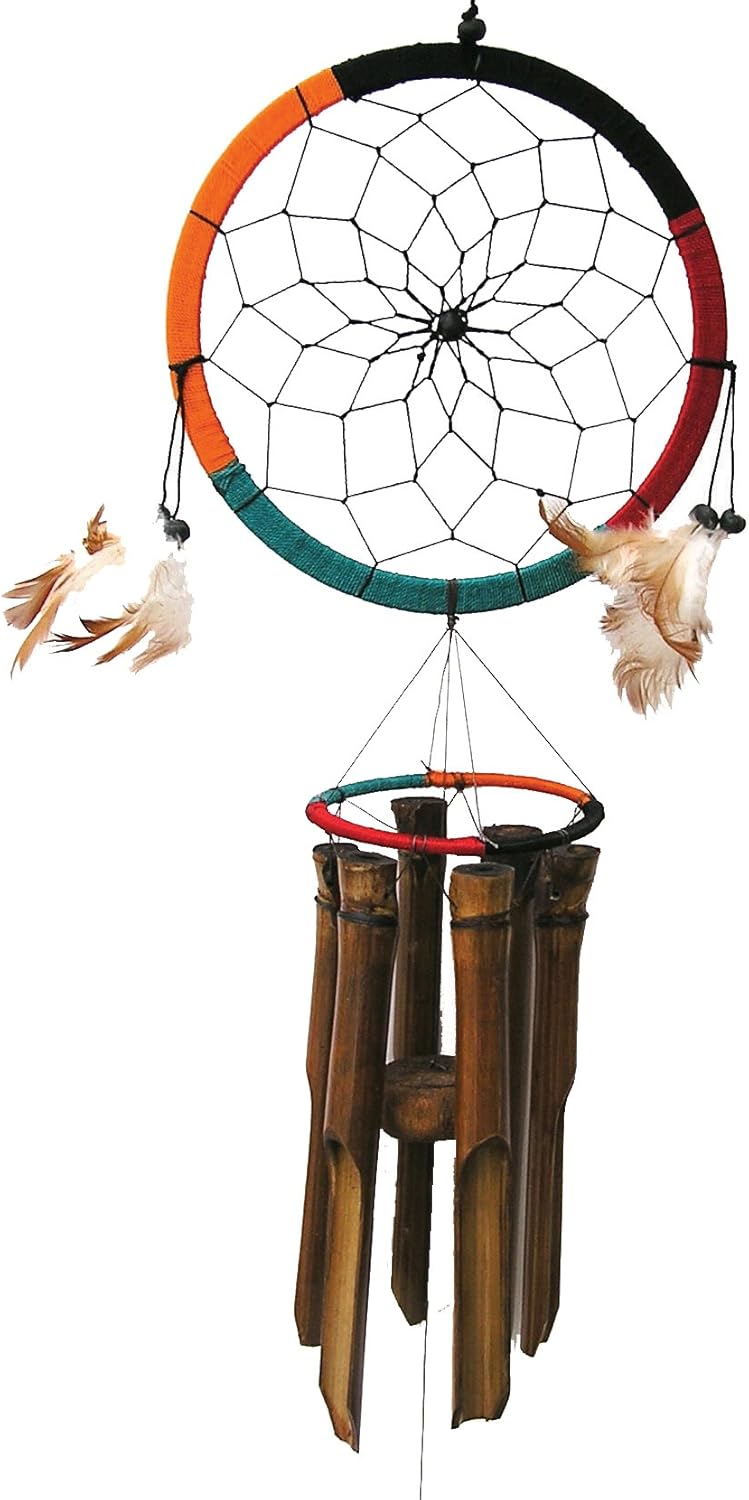 Cohasset Gifts Bamboo Wind Chime | #155 | Dream Catcher Bamboo Wind Chime | Wood, Outdoor, Home Décor for Decks, Garden, Porch | Multi Colored Rope Ring |