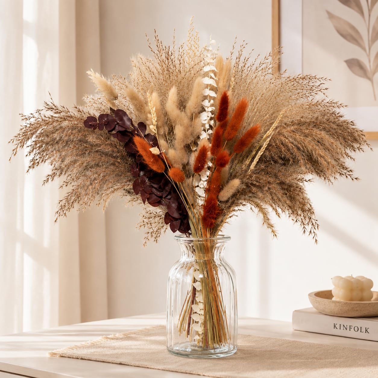 TIED RIBBONS 80 Pcs Premium Natural Pampas Grass Dried Flower Bouquet (White, 24 Inc x 18 Inch) - Artificial Flowers for Table Vase Bedroom Home Décor Bedroom Living Room Table Corner Wedding