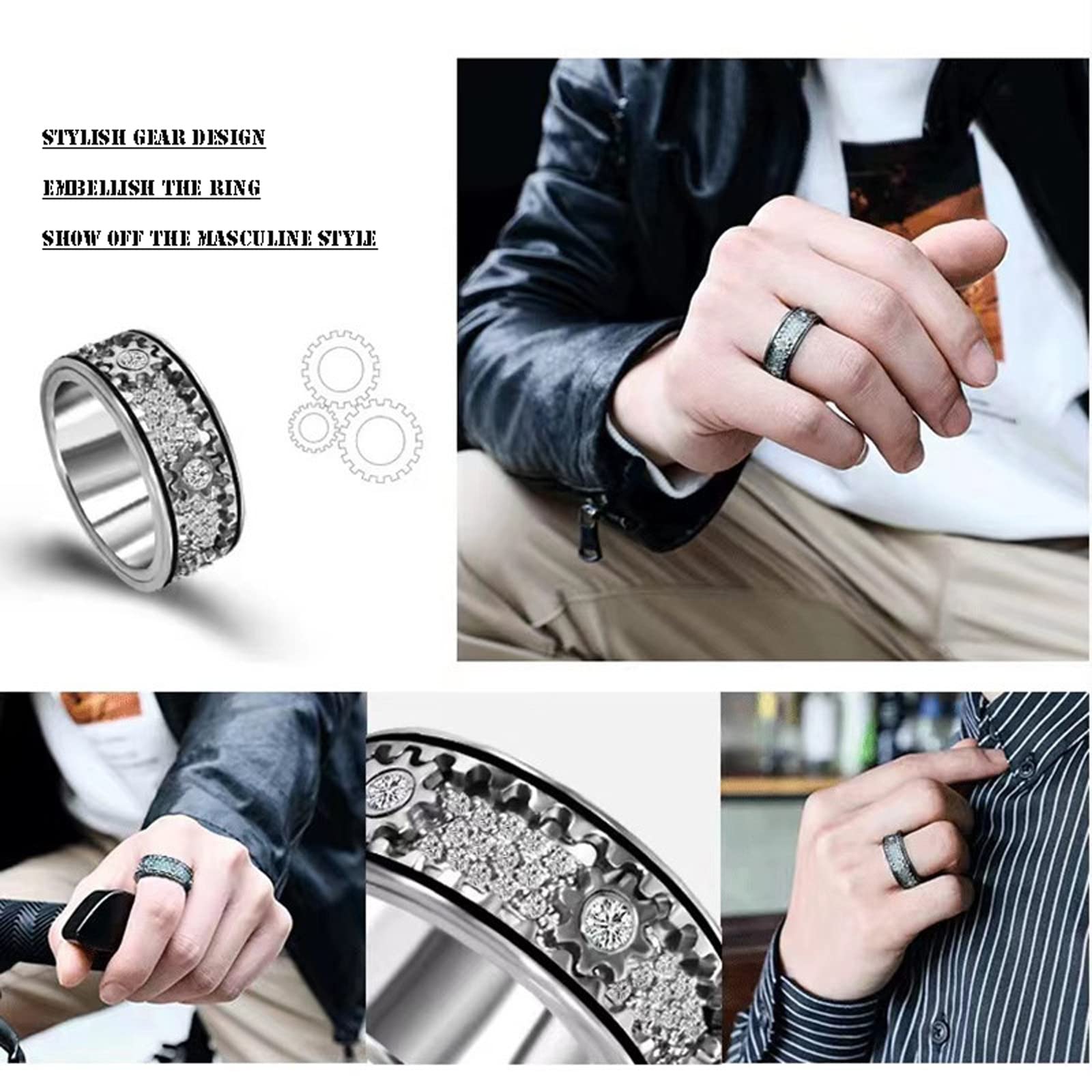 Gear Diamond Ring 925 Sterling Silber Gypsophila drehbarer Ring mit Diamant, Anti-Angst Stressabbau Viel Glück Kristallringe Schmuck Accessoires für Männer Frauen Liebhaber Geschenke