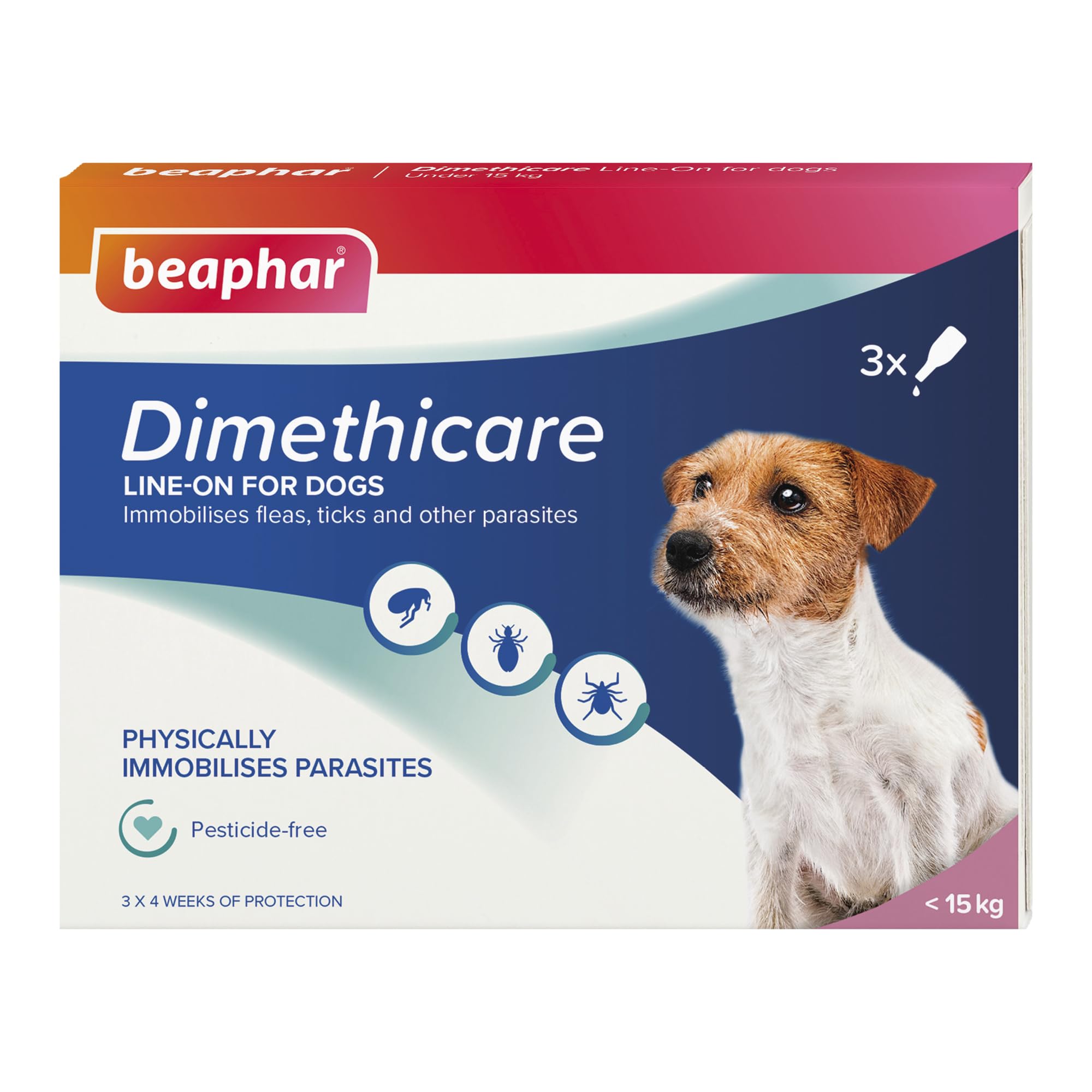 Beaphar - Dimethicare Line-On Flea & Tick Control for Small Dogs up to 15kg – 3 pipettes - Physically Immobilises Fleas, Ticks & Other Parasites - Pesticide-Free - For Small Dogs from 12 weeks old