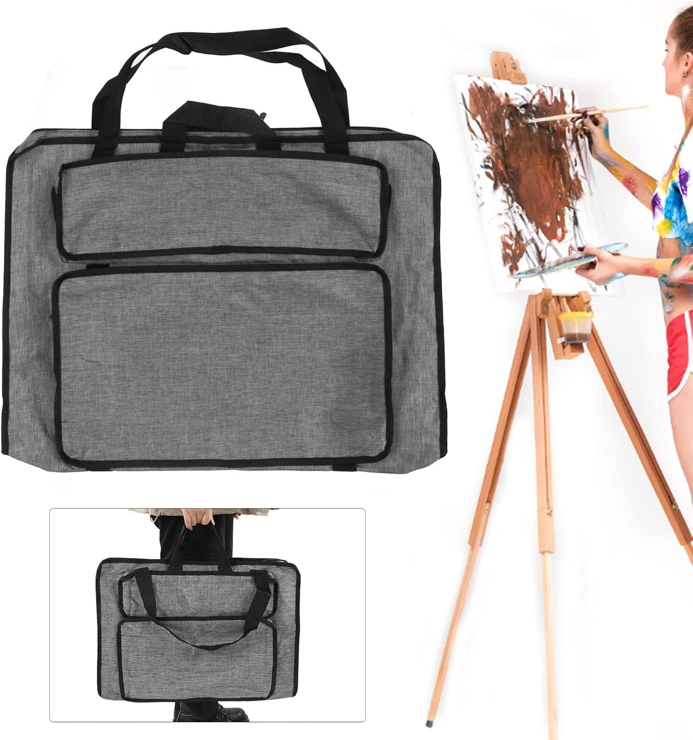 Art Portfolio Tote Bag, Foldable Canvas Artist Sketch Portfolio Case Black Carrying Storage Case for Sketching, And Drawing, Art Supplies, 38.5 x 52.5 x 7cm (Gray) image 2