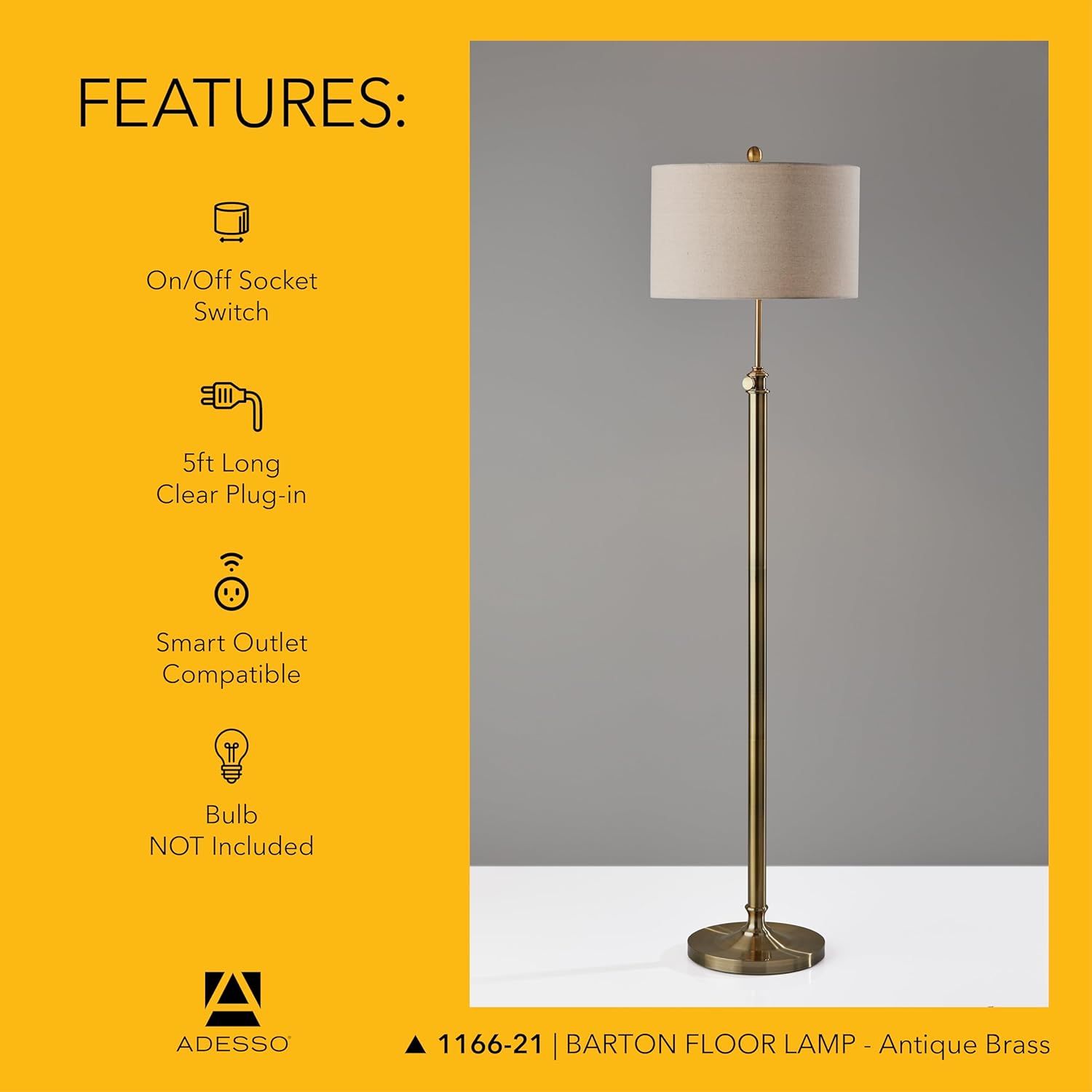 Adesso Antique Brass Floor Lamp with Oatmeal Linen Shade – Adjustable Height Accent Light for Bedroom, Living Room, or Home Office, up to 65.5” Tall