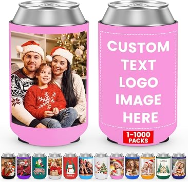 Custom Christmas Can Cooler Sleeves 6 Pack, Bulk Personalized Insulated Neoprene Can Drink Holder with Logo Image Text for Halloween Christmas Holiday Party Decorations Supplies Favors