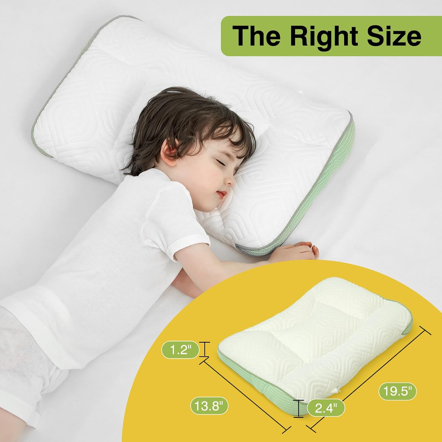 Toddler Pillow 2-6 Year Old, Reversible Kids Pillow for Sleeping,Ergonomic Design,Supports Cervical Vertebrae,Kids Pillow for Side Sleeper, Sleeping on The Back, Traveling (H2 Green-Cooling)