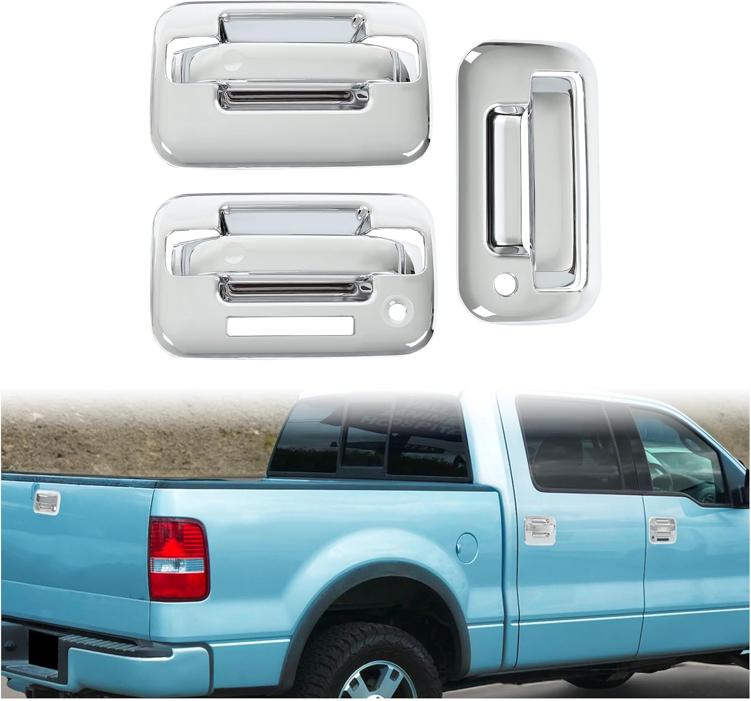 HECASA Exterior Outside Door Handle Cover Compatible with 2004-2014 Ford F-150 4 Door (with KeyPad Cutout) Slivery ABS Plastic (2 Door Handle Cover+Tailgate Handle Cover)
