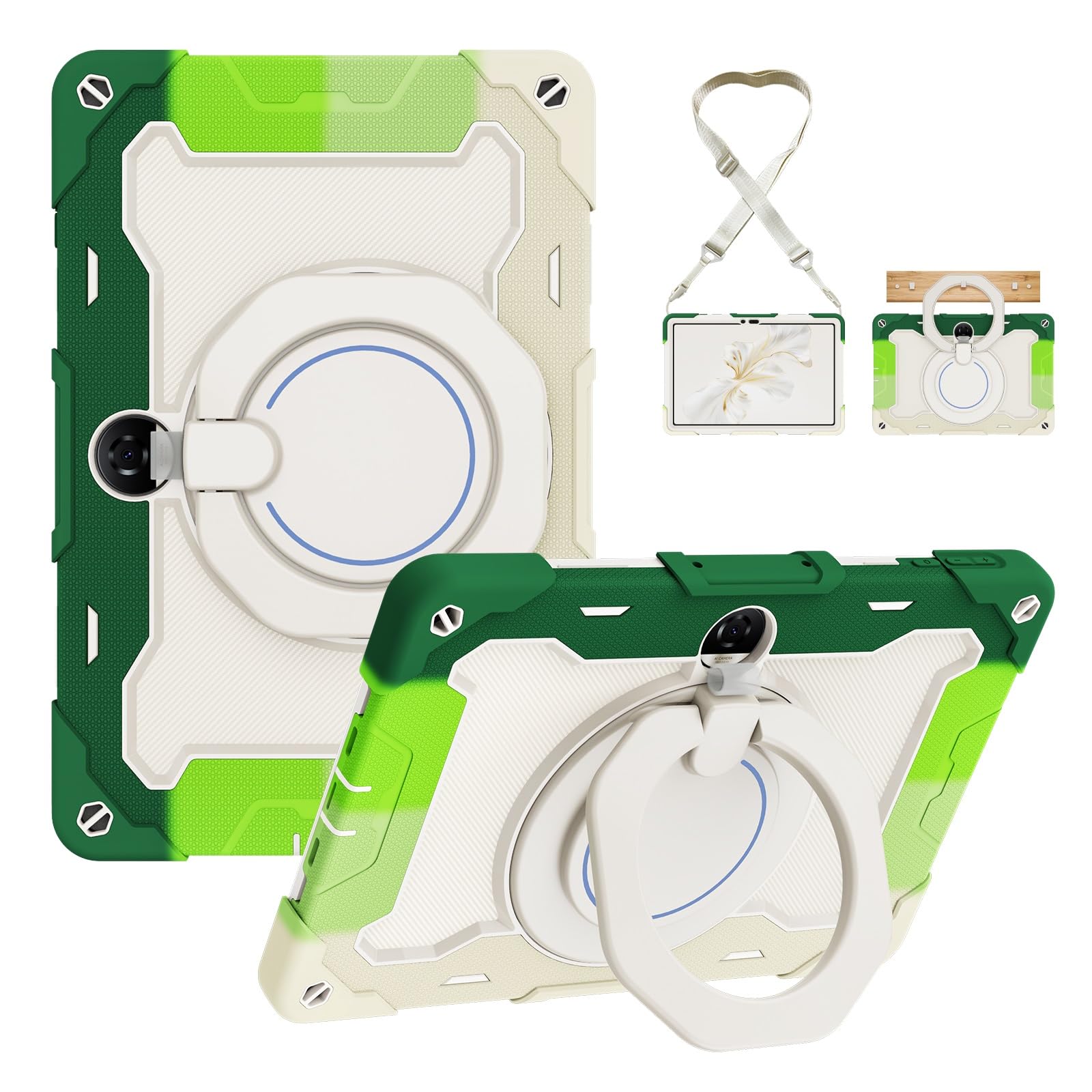 Custodia protettiva resistente per Honor Pad 9 2023 da 12,1 pollici, supporto girevole a 360°, tracolla, portapenne e anello per manico, copertura antiurto, per bambini e adulti (verde