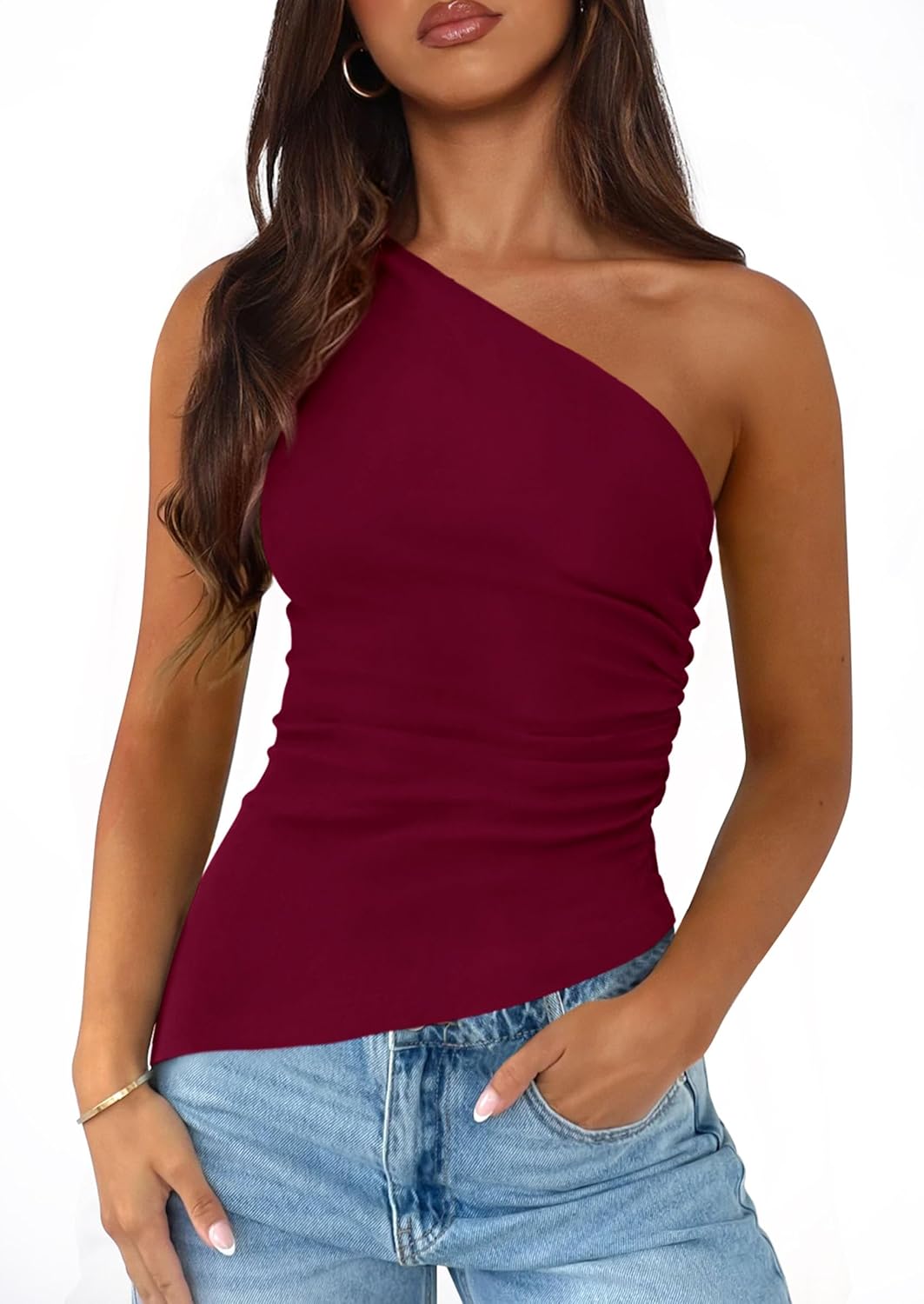 PRETTYGARDEN Womens 2026 Summer Y2K Tops Sleeveless One Shoulder Slim Fit Shirts Ruched Knit Asymmetrical Top Blouse