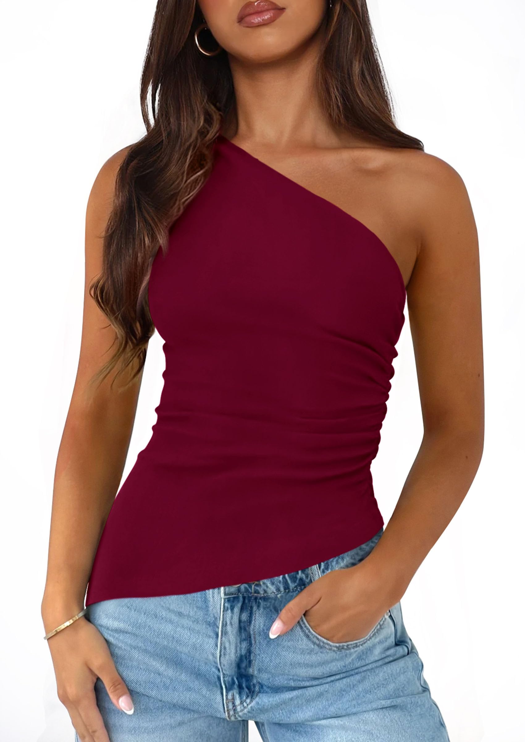 PRETTYGARDEN Womens 2026 Summer Y2K Tops Sleeveless One Shoulder Slim Fit Shirts Ruched Knit Asymmetrical Top Blouse