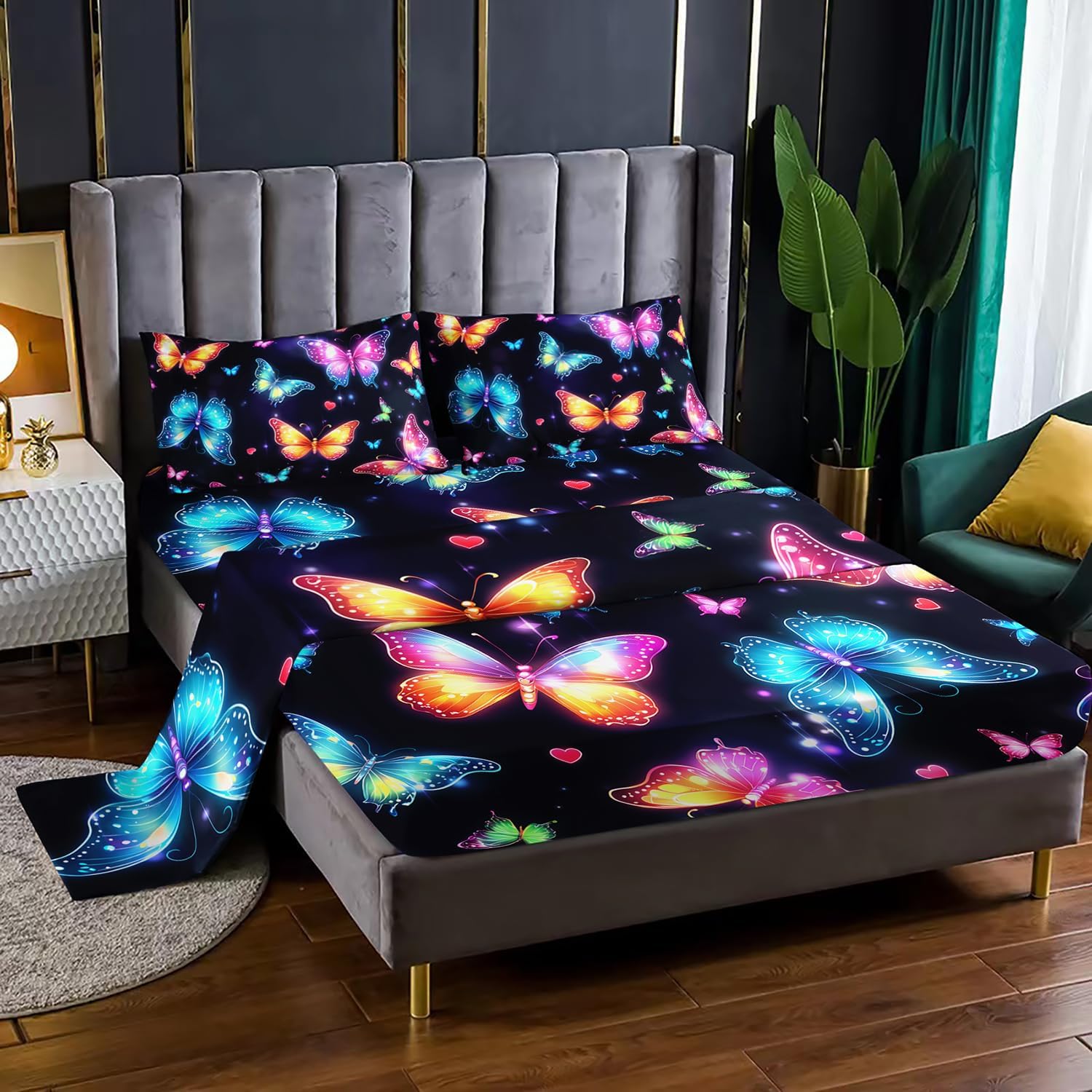 XYNHMLColorful Gradient Butterfly Sheet 4Pcs Twin Tie-Dye Heart Pattern Bedding Set for Kid Teen Girl Boy Adult Sparkling Aesthetics Butterfly Bed Decor with 1 Flat Sheet+1 Fitted Sheet+2 Pillowcases
