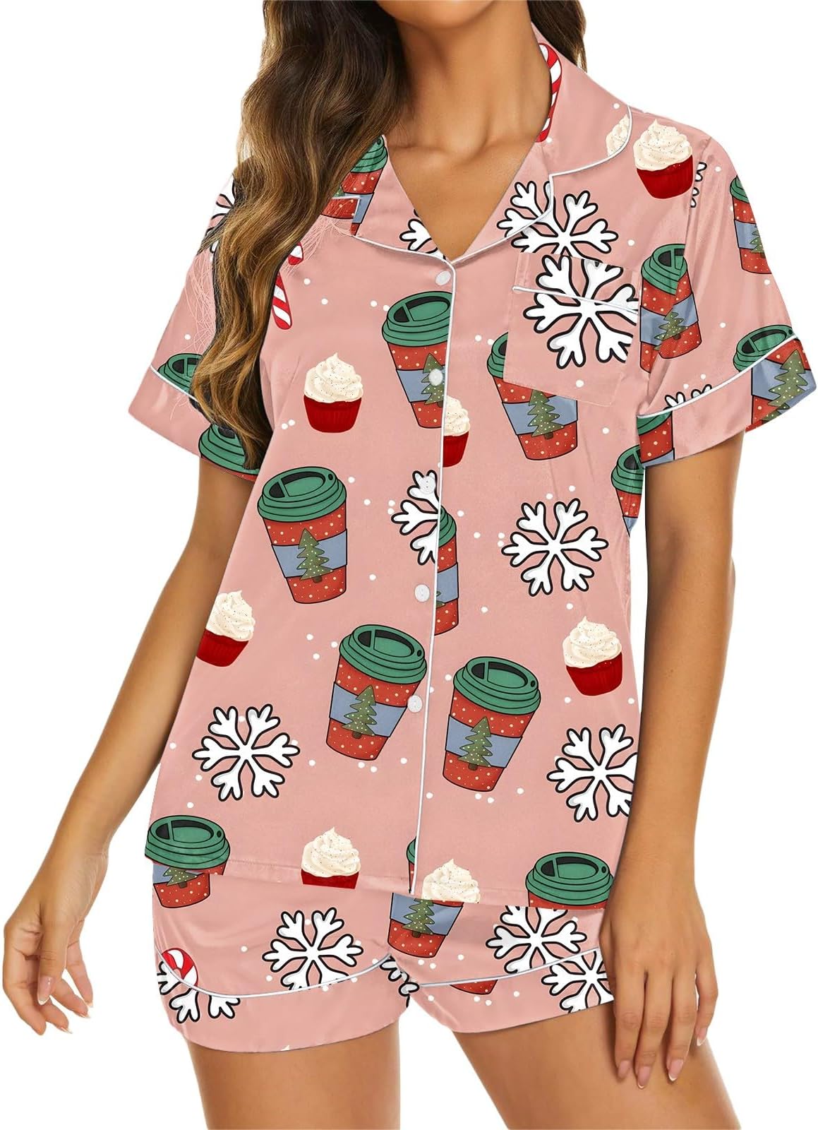 Halloween Pajamas Women Satin Pajama Set for Women Halloween Pumpkin Ghost Button Down Shirts Shorts 2 Piece Pjs Sets