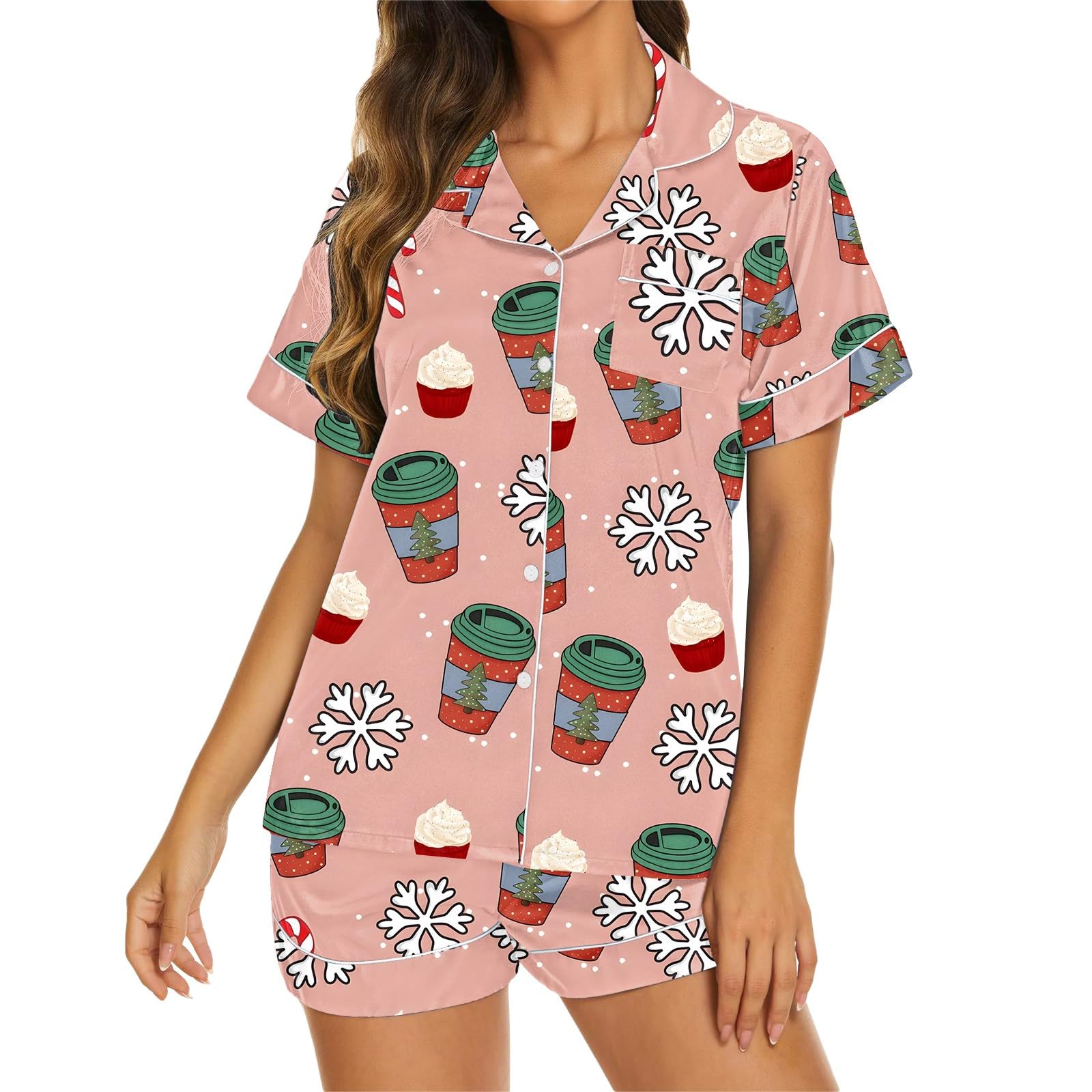 Halloween Pajamas Women Satin Pajama Set for Women Halloween Pumpkin Ghost Button Down Shirts Shorts 2 Piece Pjs Sets