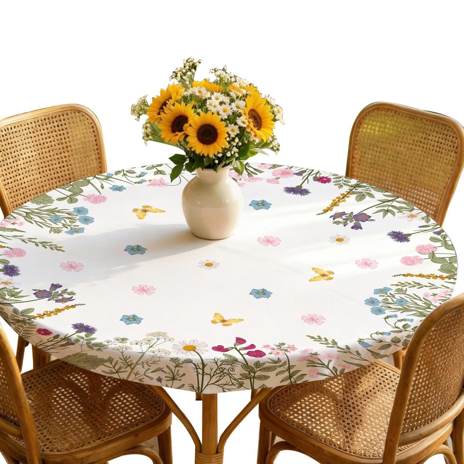 Nappe ronde à fleurs 120 cm élastique et imperméable pour table de cuisine