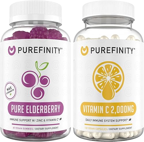 Paquete de gomitas de saúco + cápsulas de vitamina C con ácido ascórbico de alta absorción para mayor apoyo inmunológico, refuerzo de colágeno y