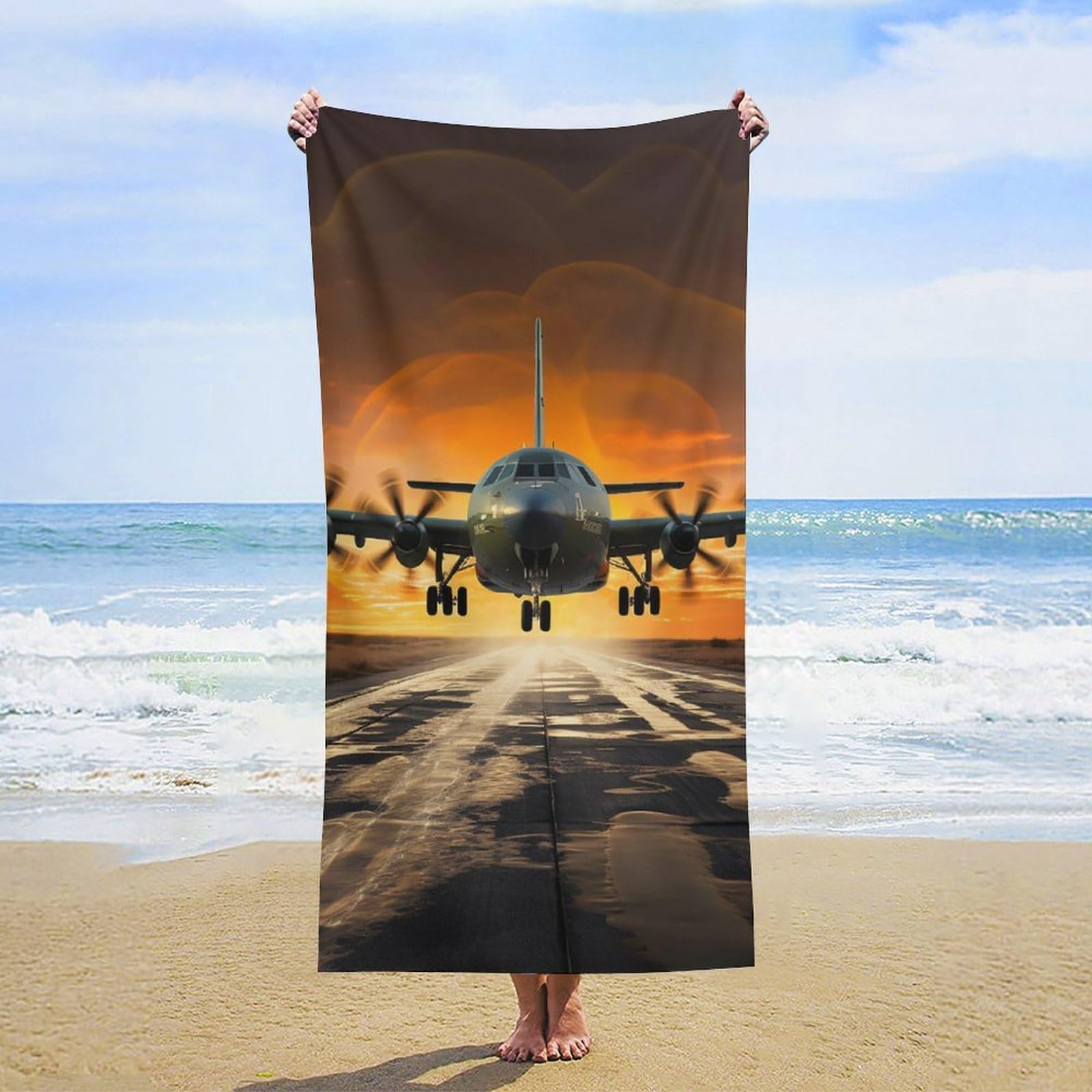 Military Plane Landing On Airforce Runways Against Beautiful DuSky Beach Towel 31"X63" Oversized Beach Towels Lightweight Sand Free Pool Towel Quick Dry Absorbent Bath Towels Vacation Essentials for W