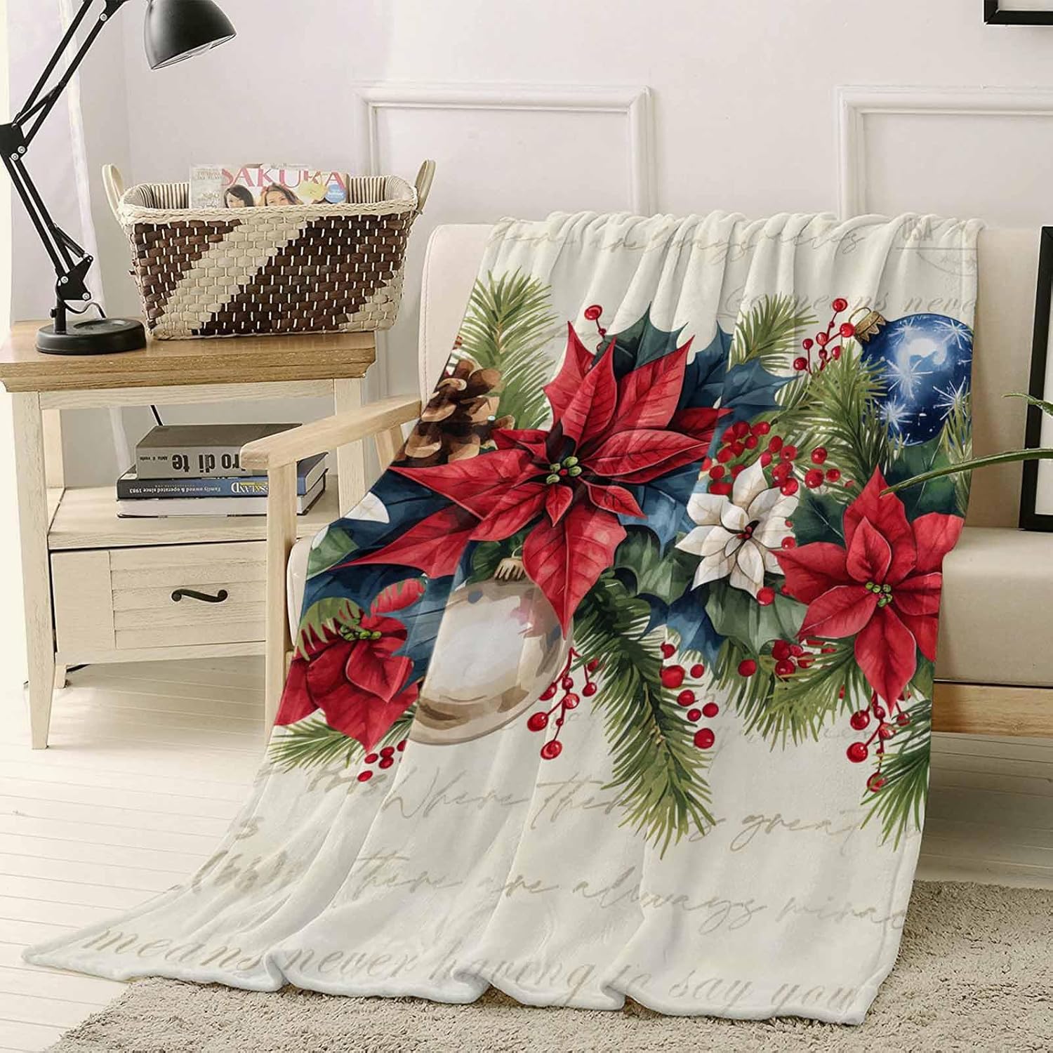 Poinsettia Fir Leaf Berry Flannel Fleece Throw Blanket Christmas Balls Super Soft Fuzzy Blankets Cozy Warm Lightweight Bed Throws for Couch Sofa Travel Camping 30"x40"