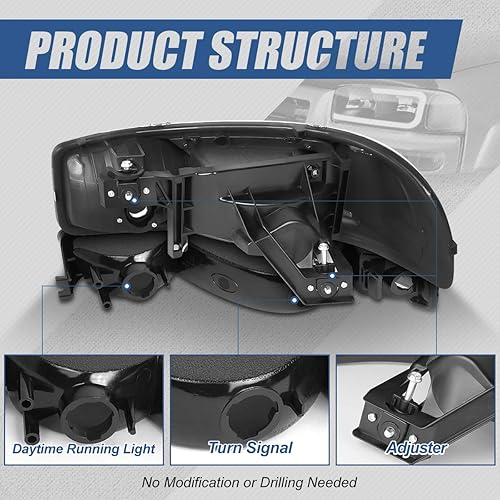 Miniatura 10 de Auto Dynasty Juego de 4 faros delanteros LED DRL compatibles con GMC Sierra Yukon XL GMT800 99-07, lado del conductor y del pasajero, carcasa negra,