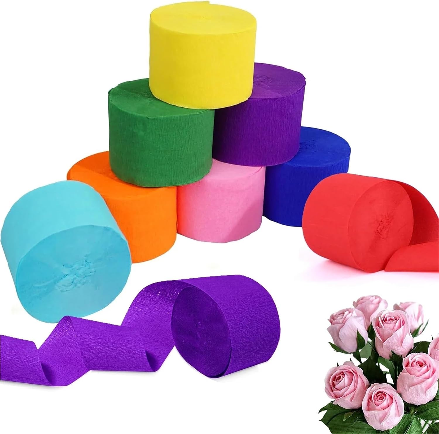 8pcs 4.5cm x 25meters Crepe Paper Streamers Tissue Roll Flower Craft Making Birthday Wedding Party Backdrop DIY Decoration(White)