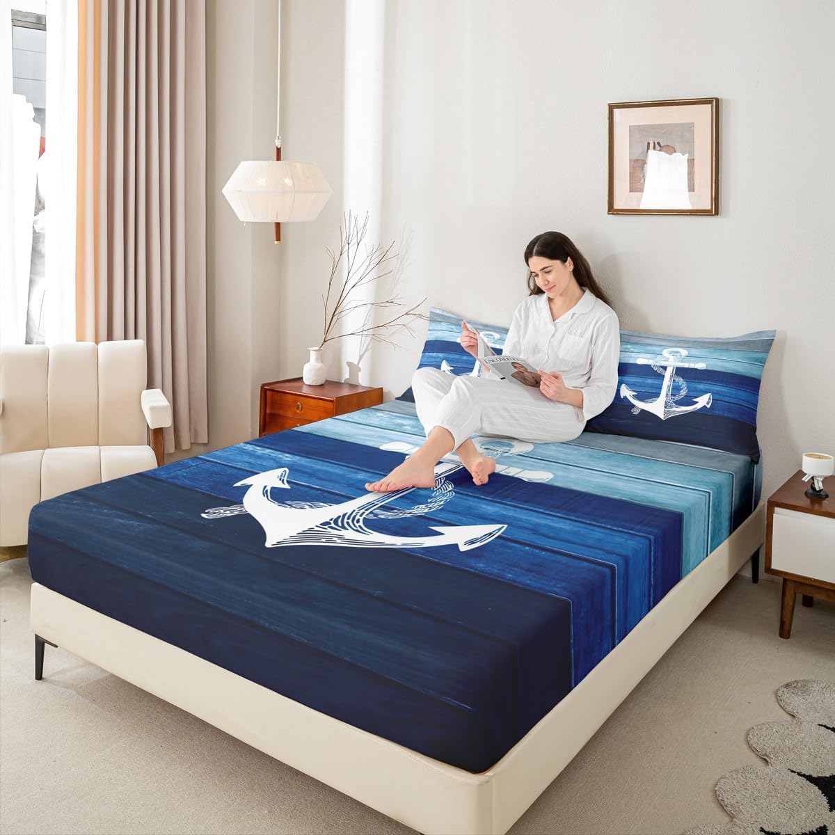 White Anchor Bed Sheet Queen Set,Nautical Style Ocean Adventure Sheets Sets Boys Girls Bedroom Decor,Ombre Blue Wooden Stripes Bedding Set with Flat,Fitted Sheet,2 Pillow Cases