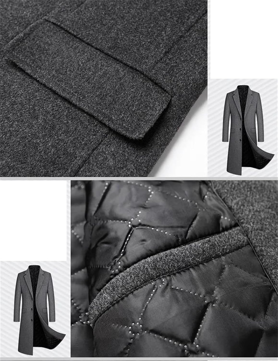 Men’s Winter Wool Jacket Casual Thick Cotton Padded Overcoat Business Formal Long Outerwear Wool Coat