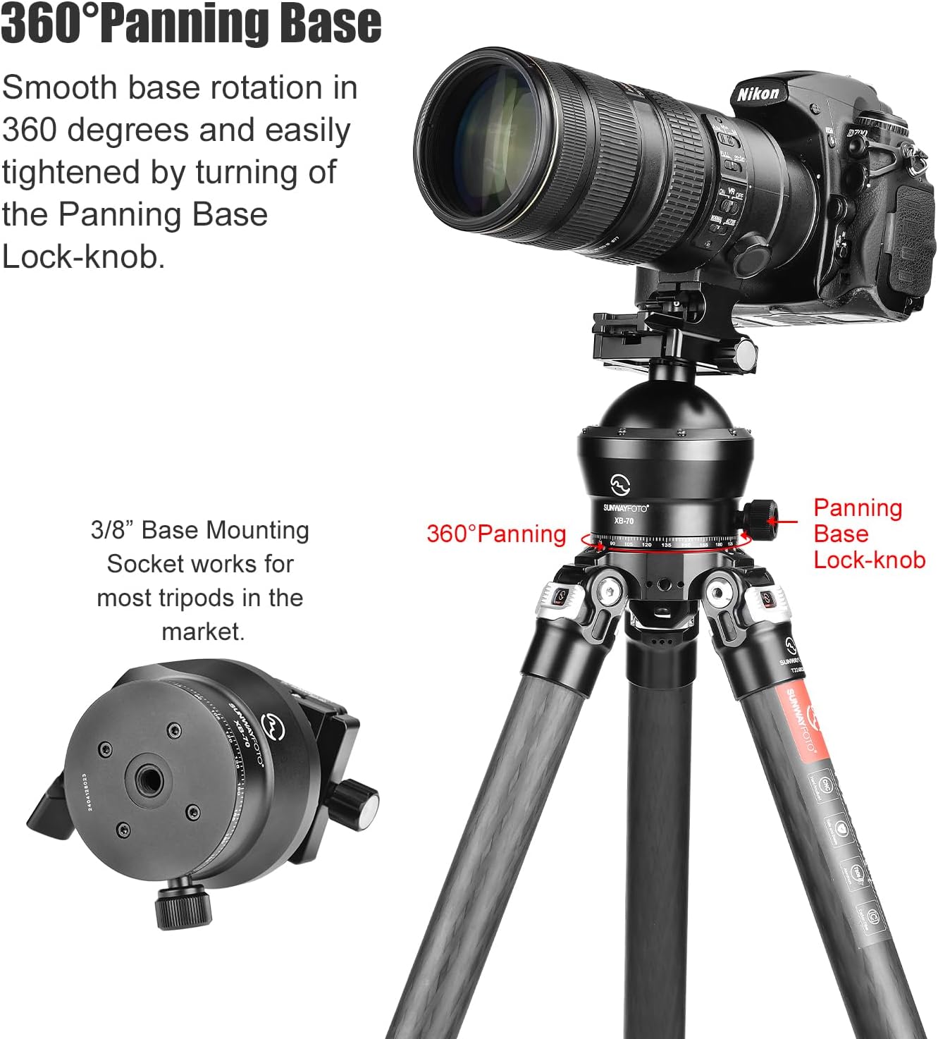 70mm Low Profile Tripod Ball Head,Ballhead for Hunting,Load 88.2lb(40KG), 2523