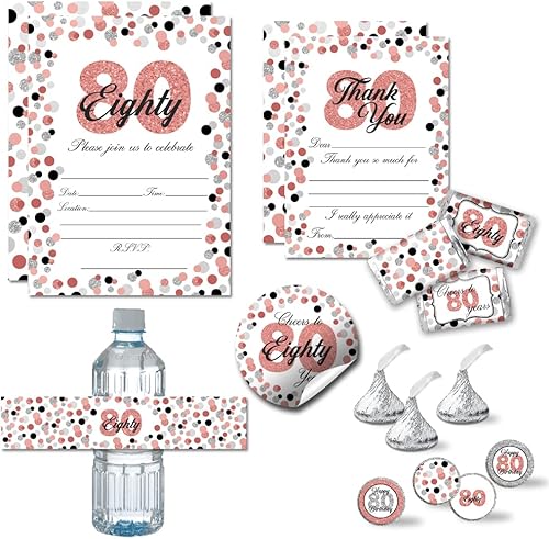 Amanda Creation Deluxe Cheers to 80 Years Rose Gold Confetti Polka Dot 80 Birthday Party Bundle incluye 20 invitaciones y tarjetas de agradecimiento