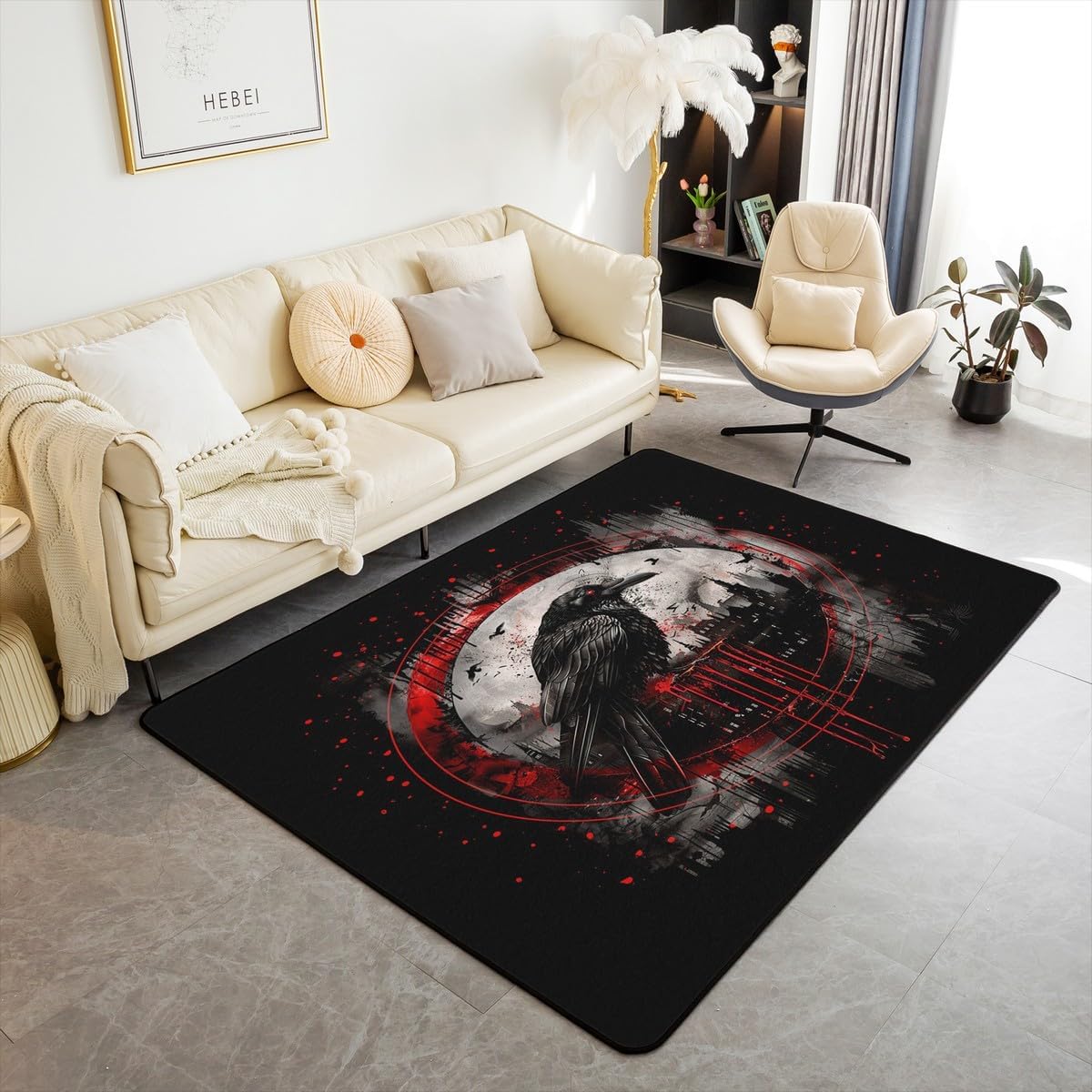 Erosebridal Halloween Crow Area Rug 3X5 Kids Teens Black Raven Living Room Rugs Moon Starry Sky Decorative Carpet for Living Room Decor Boho Exotic Flowers Indoor Floor Mat