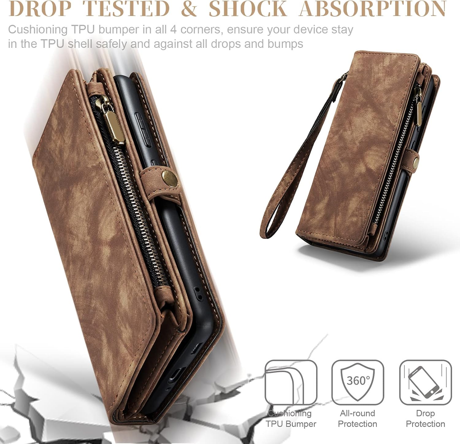 Asuwish Phone Case for Samsung Galaxy S21 Ultra Glaxay S21ultra 5G Zipper Wallet Cover with Tempered Glass Screen Protector and Flip Card Holder Cell Accessories Gaxaly 21S S 21 21ultra G5 Women Brown