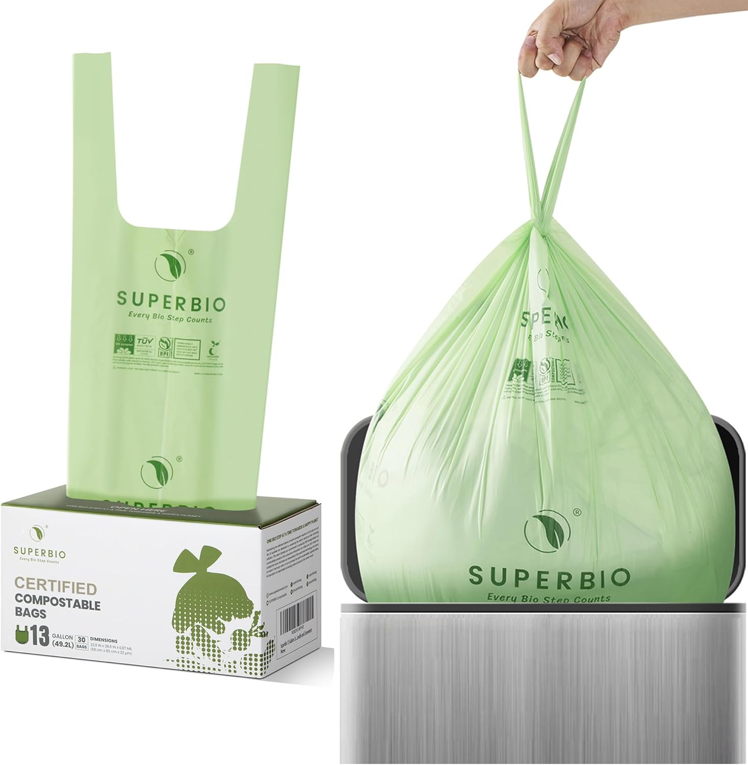 SUPERBIO 13 Gallon Compostable Kitchen Waste Bags with Handles, Food Scrap Bags Certified by BPI, OK compost INDUSTRIAL, 30 Count, 49.2L