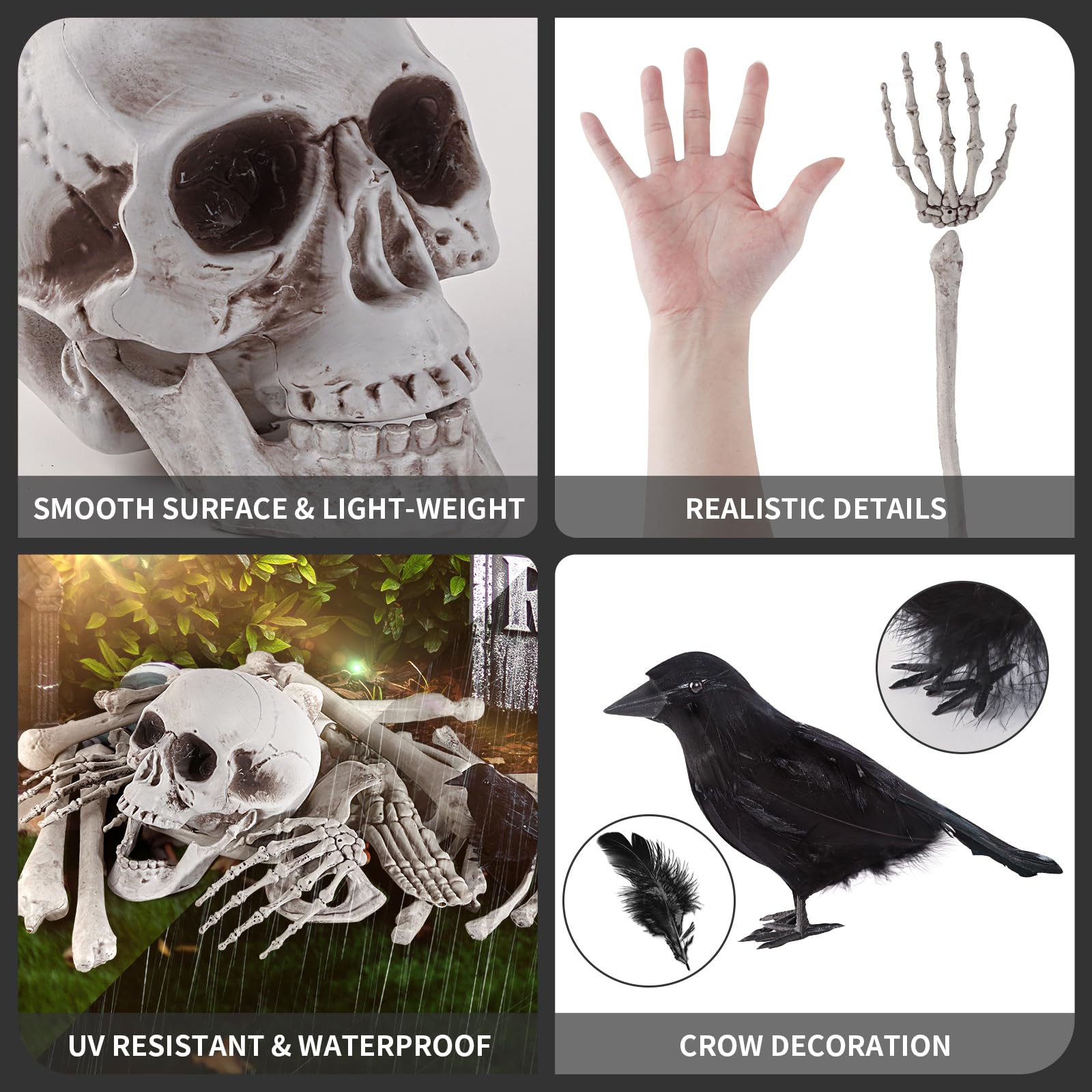 Halloween Decorations- 28 Pieces Skeleton Bones and Skull with Crow for Outdoor Decoration, Scary Groundbreakers for Halloween Yard Lawn Decoration, Halloween Skull Decoration for Graveyard Decor