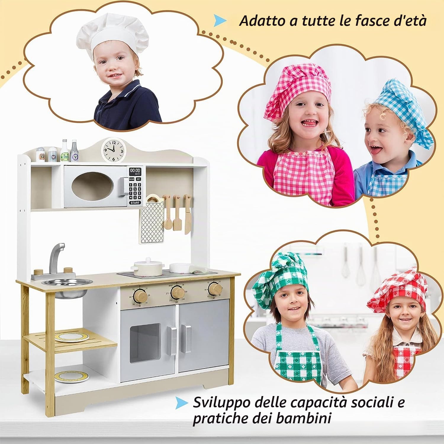 ACXIN Set da Cucina in Legno e Acciaio Inox per Bambini con Accessori - Mini Set Gioco (68 x 26 x 78 cm)