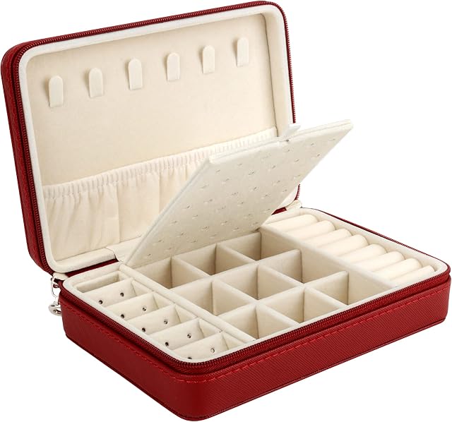 Jewellery Box Organiser, Small Faux Leather Travel Jewelry Case with Zippers, Jewelry Organiser Storage for Rings Earrings Necklace Bracelets, Red